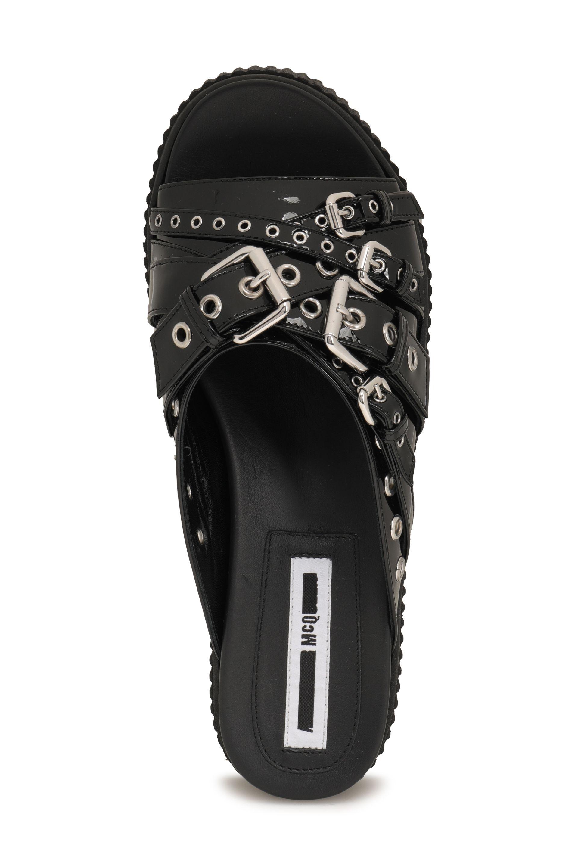buckled leather slides