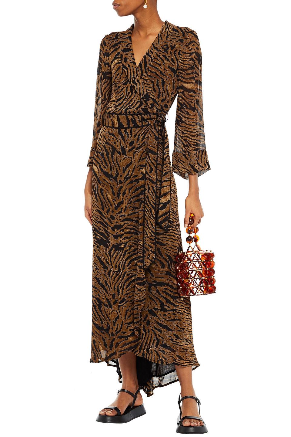 Ganni Tiger-print Georgette Maxi Wrap Dress in Brown | Lyst