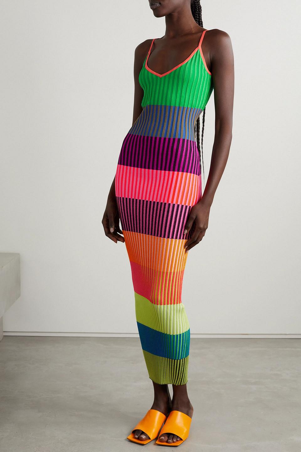 christopher john rogers rainbow striped ribbed midi dress CHRISTOPHER JOHN ROGERS Stripe Ribbed Long Sleeve Maxi Polo Dress
