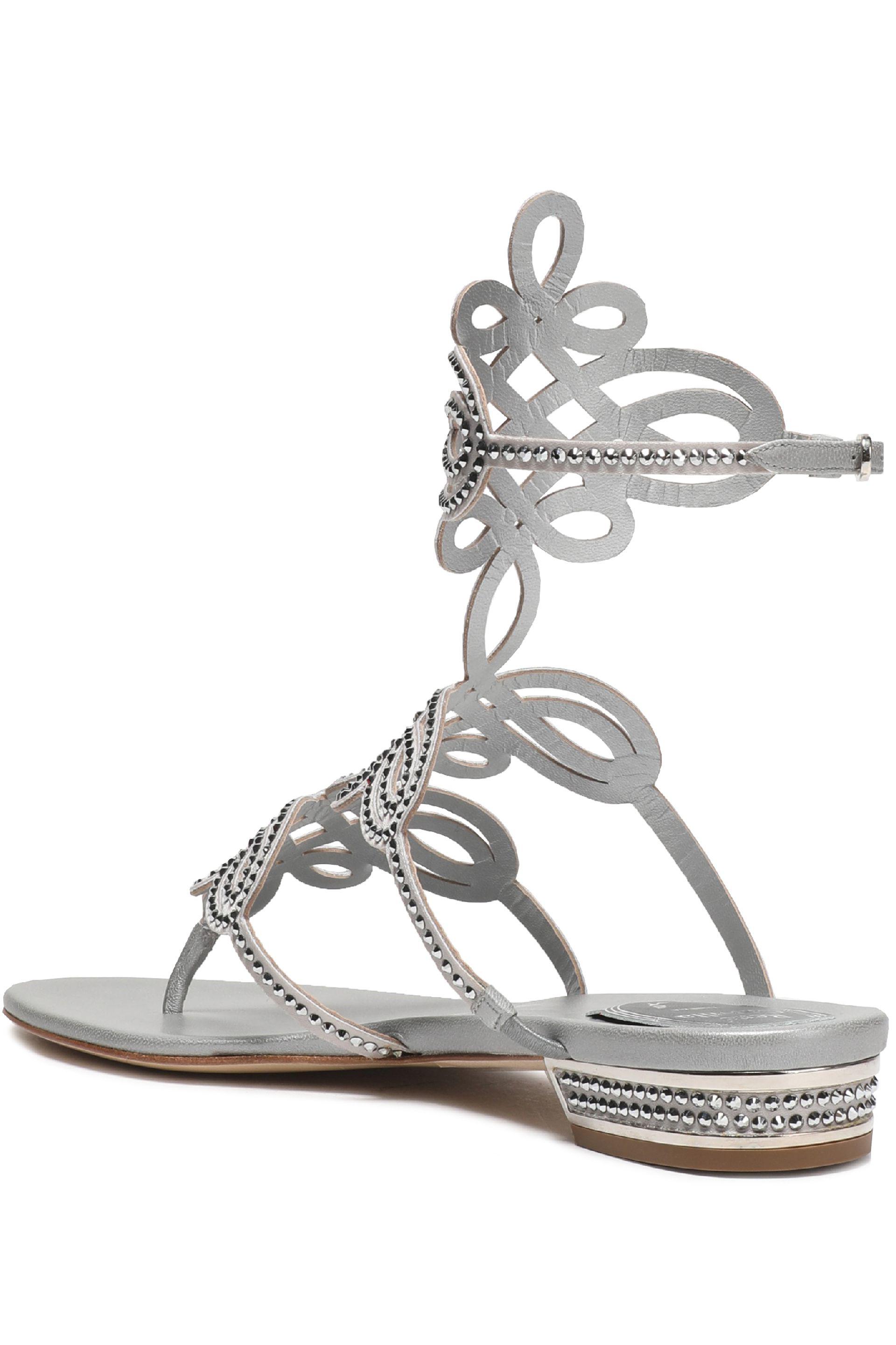 Rene Caovilla Woman Crystal-embellished Cutout Metallic Satin Sandals Silver Size 36 - Lyst