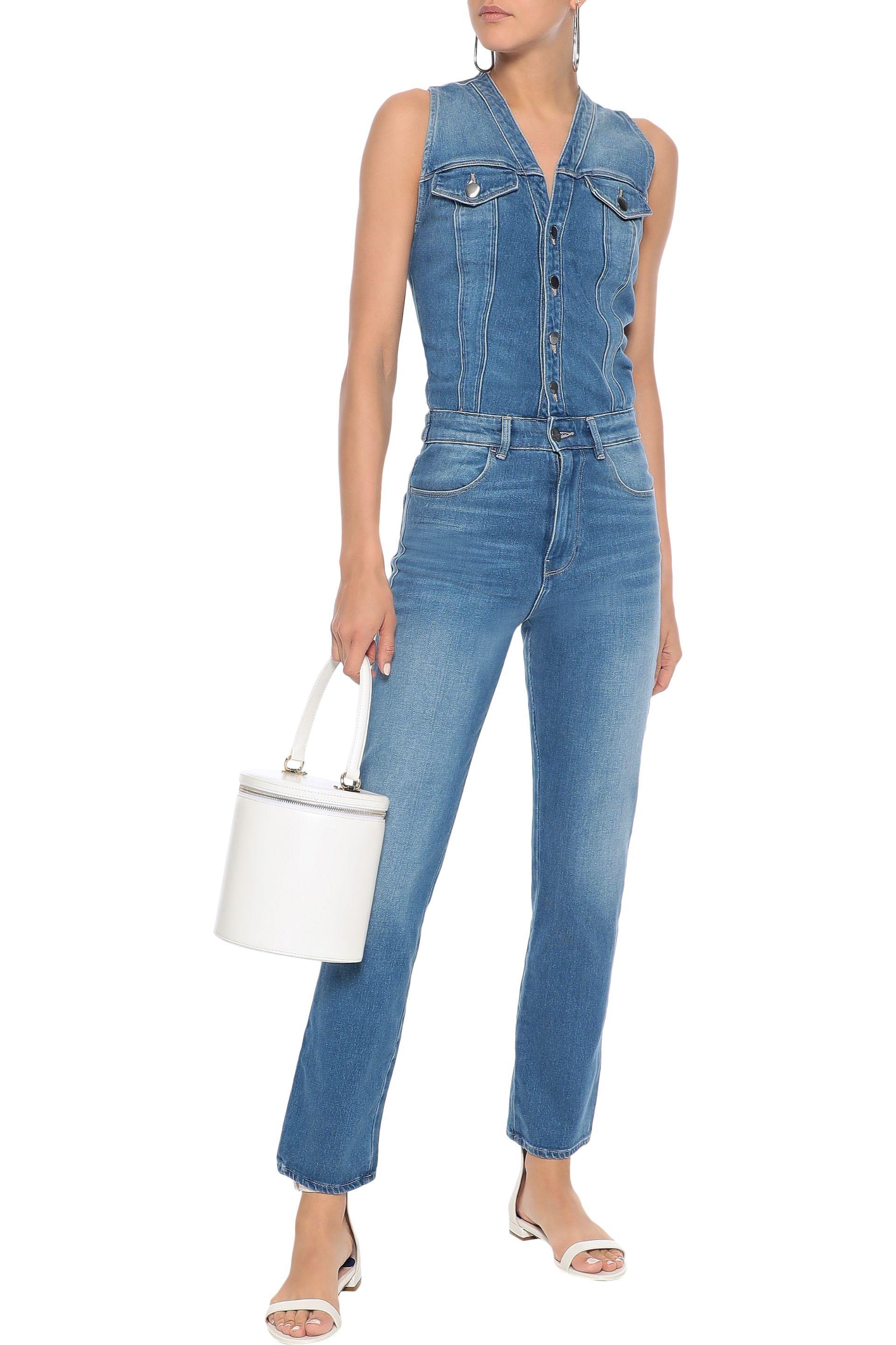 FRAME Le Slender Faded Denim Jumpsuit Mid Denim in Blue - Lyst