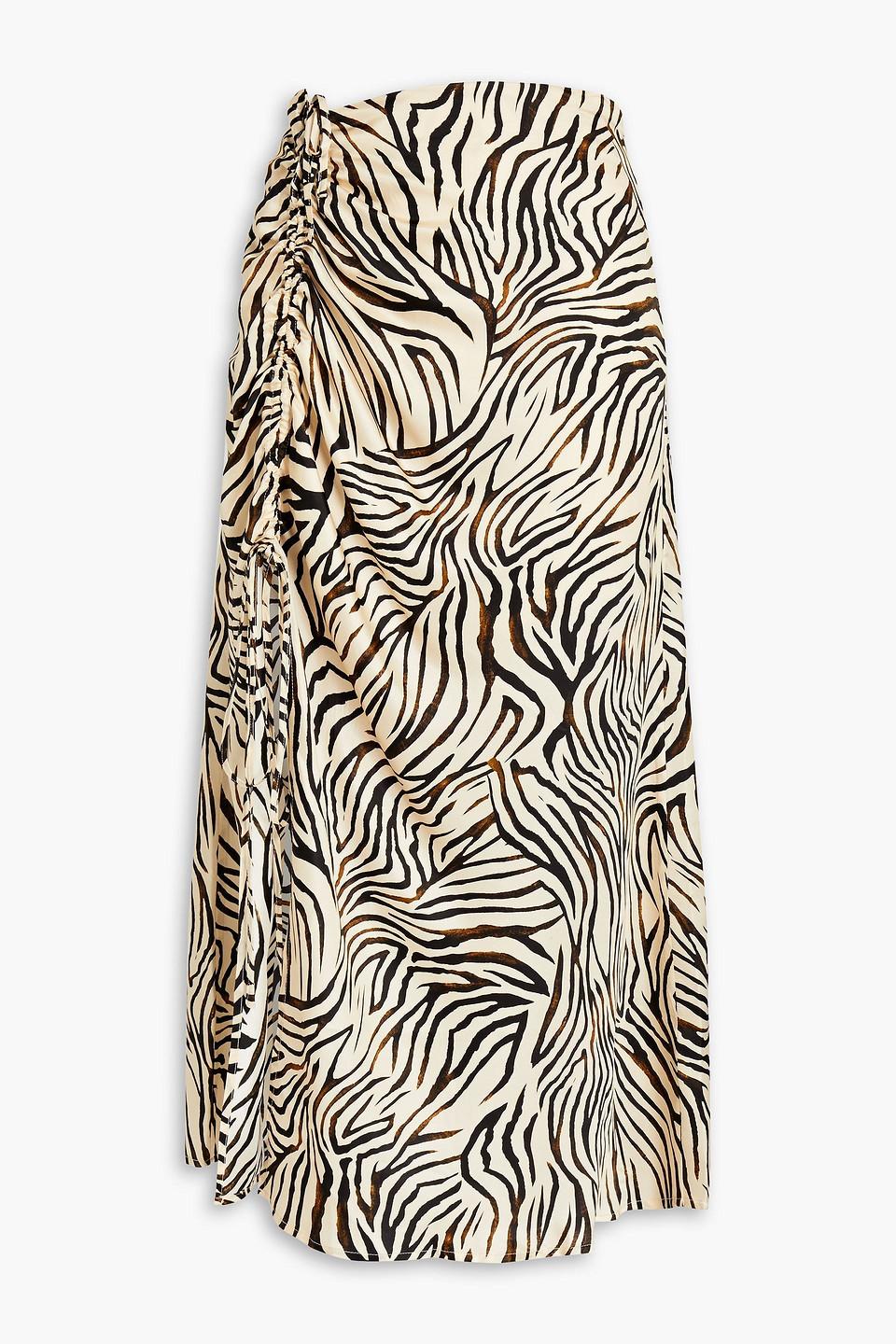 Nicholas Lia Ruched Zebra-print Satin Midi Skirt in Natural | Lyst