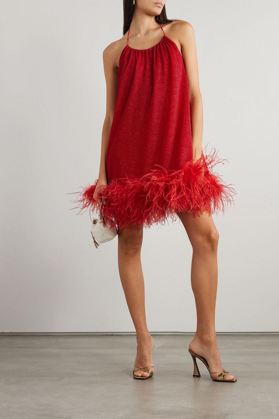 Osree Lumire Feather-trimmed Metallic Stretch-knit Halterneck Mini Dress  in Red | Lyst