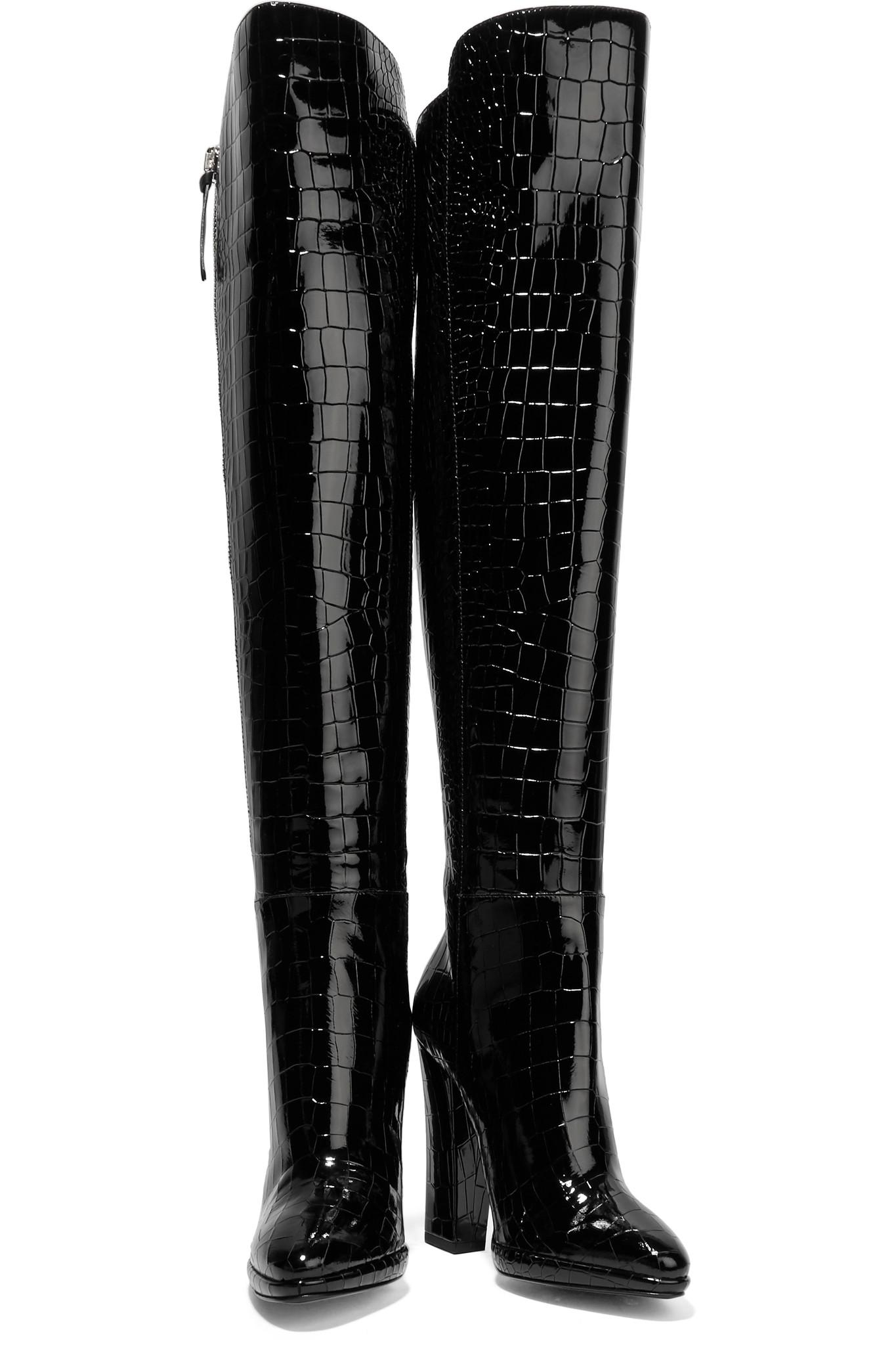 black croc over the knee boots