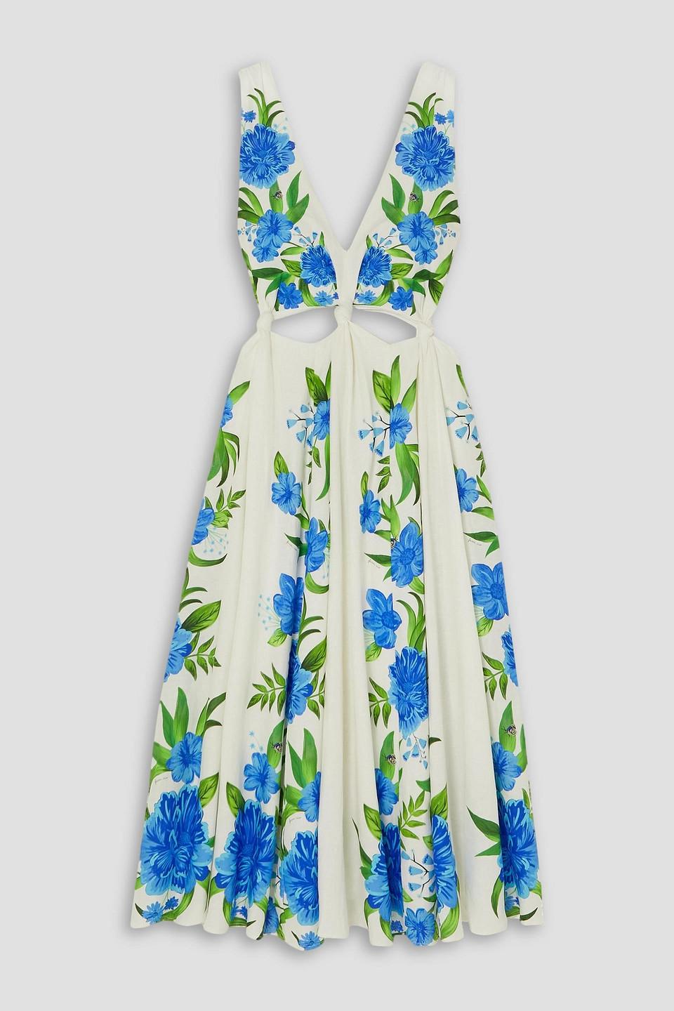 FARM Rio Cutout Floral-print Linen-blend Midi Dress in Blue Lyst UK