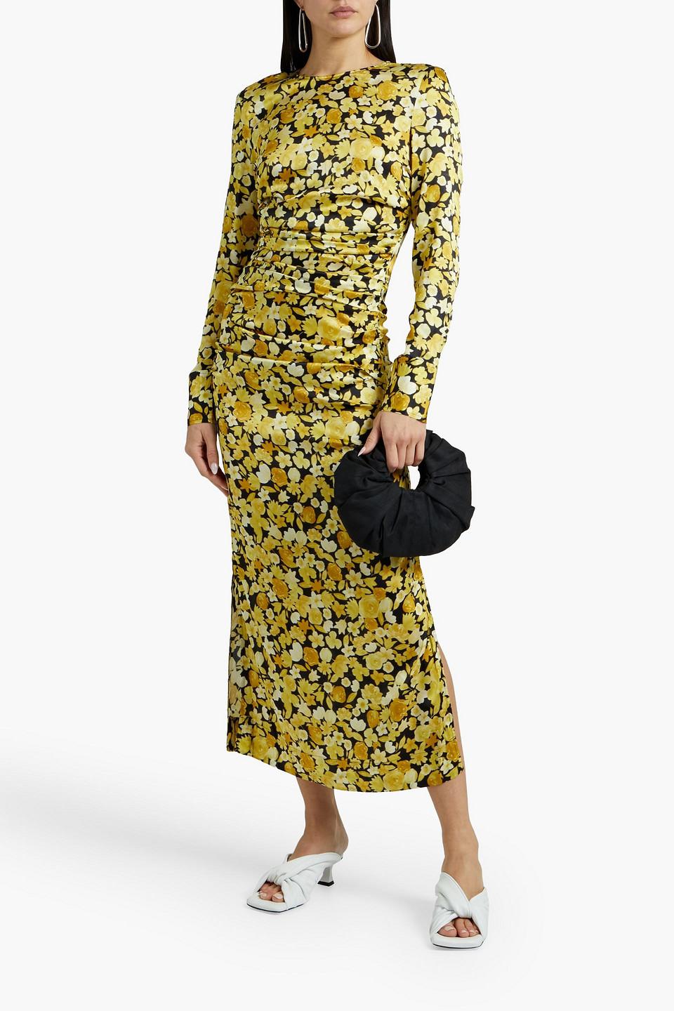 Ganni Pleated Floral-print Silk-blend Satin Midi Dress in Yellow | Lyst