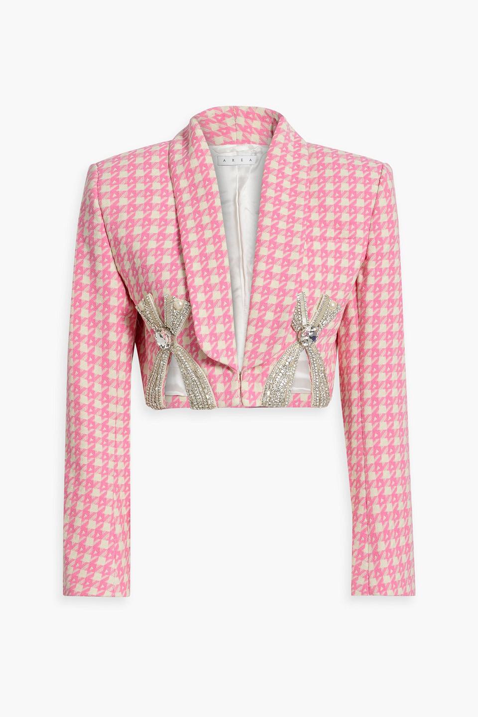 Area Cropped Embellished Houndstooth Wool-blend Tweed Blazer in Pink | Lyst