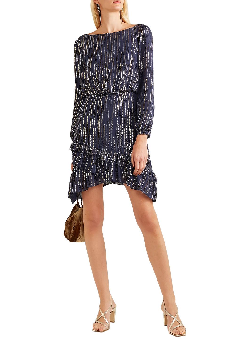 Saloni Felicia Ruffled Striped Silk And Lurex-blend Dress in Navy (Blue) -  Save 5% - Lyst
