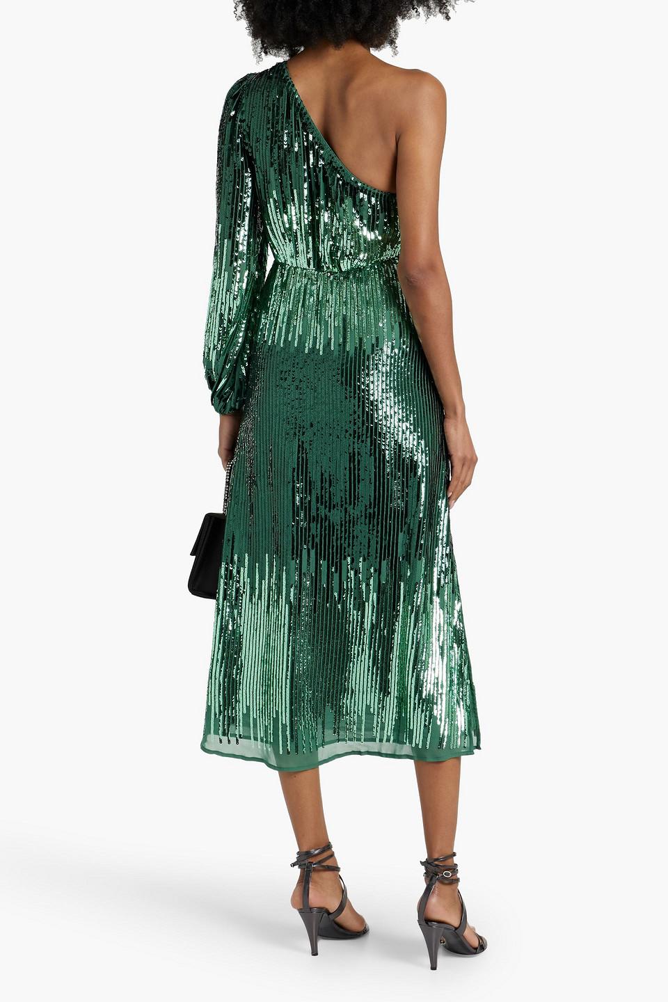 RIXO London Bradshaw One-sleeve Sequined Tulle Midi Dress in Green | Lyst