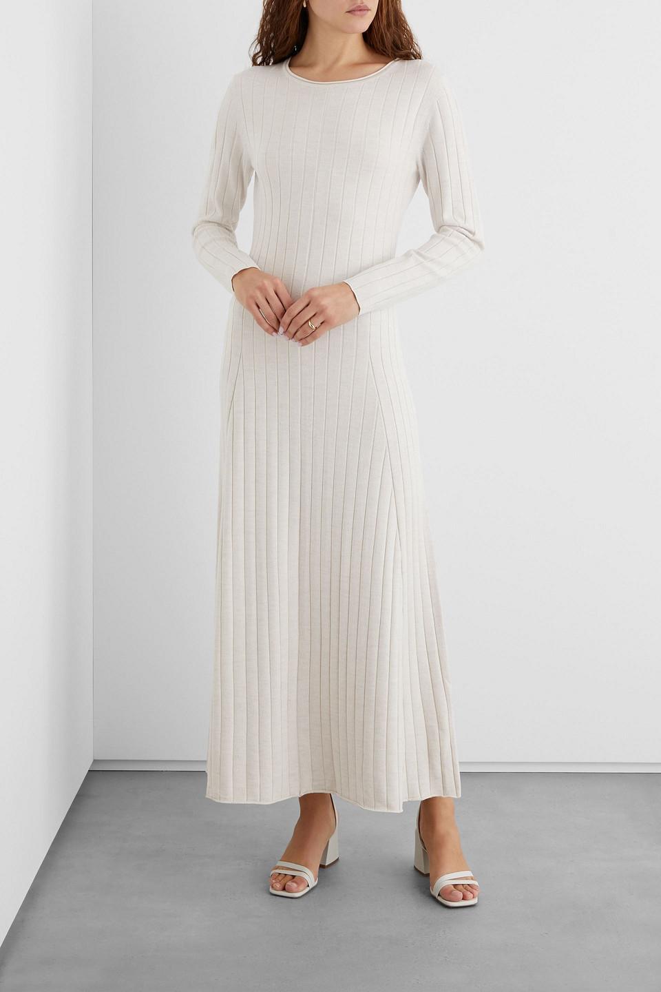 Iris & Ink Wool Alexandra Mélange Ribbed-knit Midi Dress Ecru in White ...