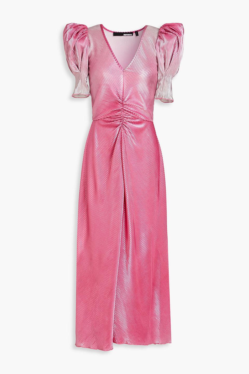 Ruched Metallic Pliss satin Midi Dress