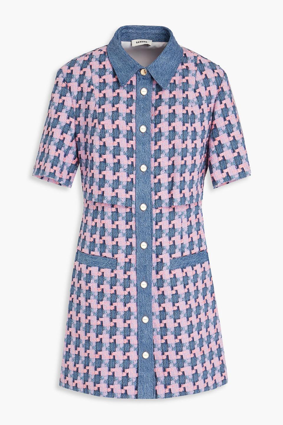 Sandro Denim-trimmed Tweed Mini Shirt Dress in Blue | Lyst Australia