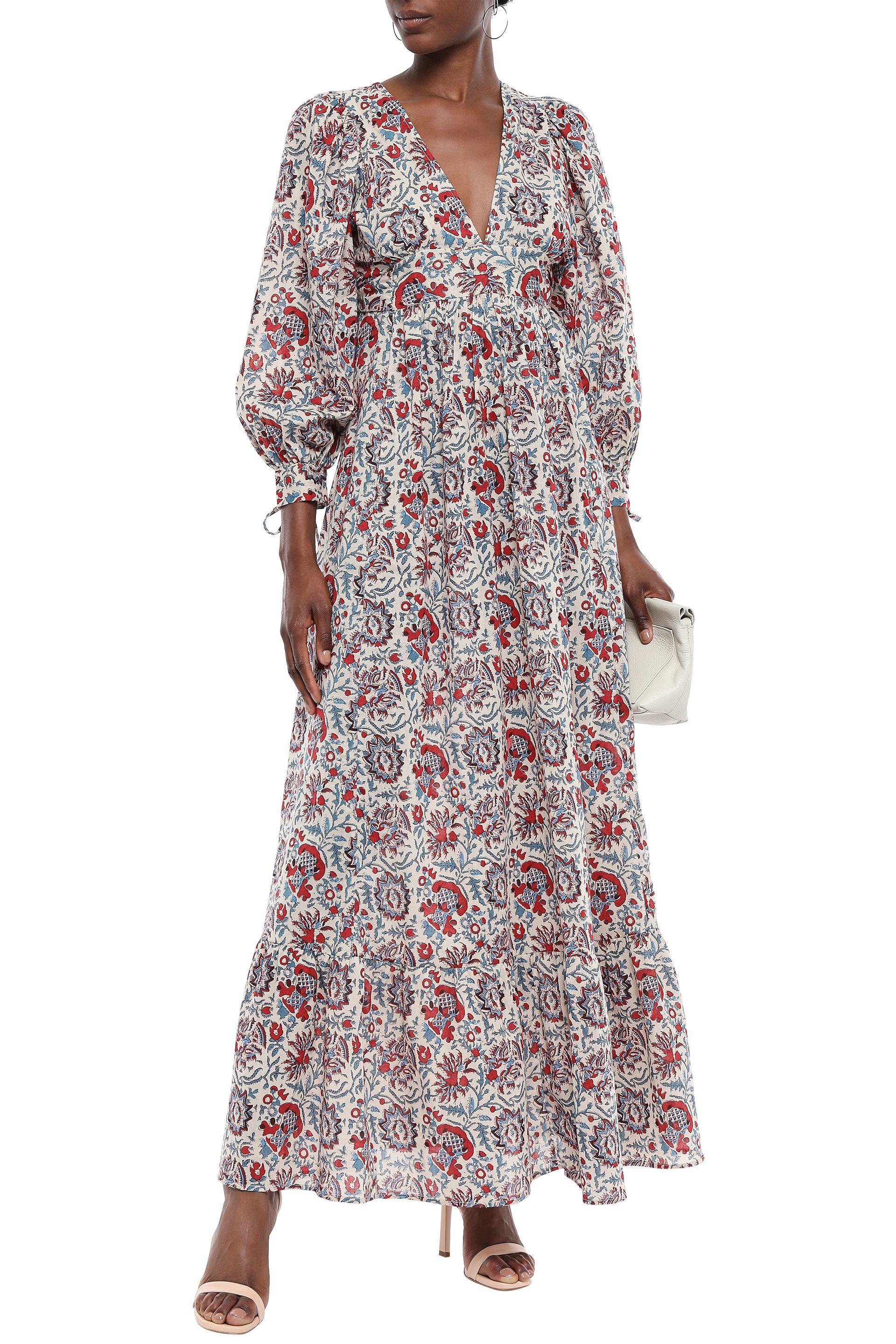 Antik Batik Betsie Gathered Printed Cotton Maxi Dress Cream - Lyst