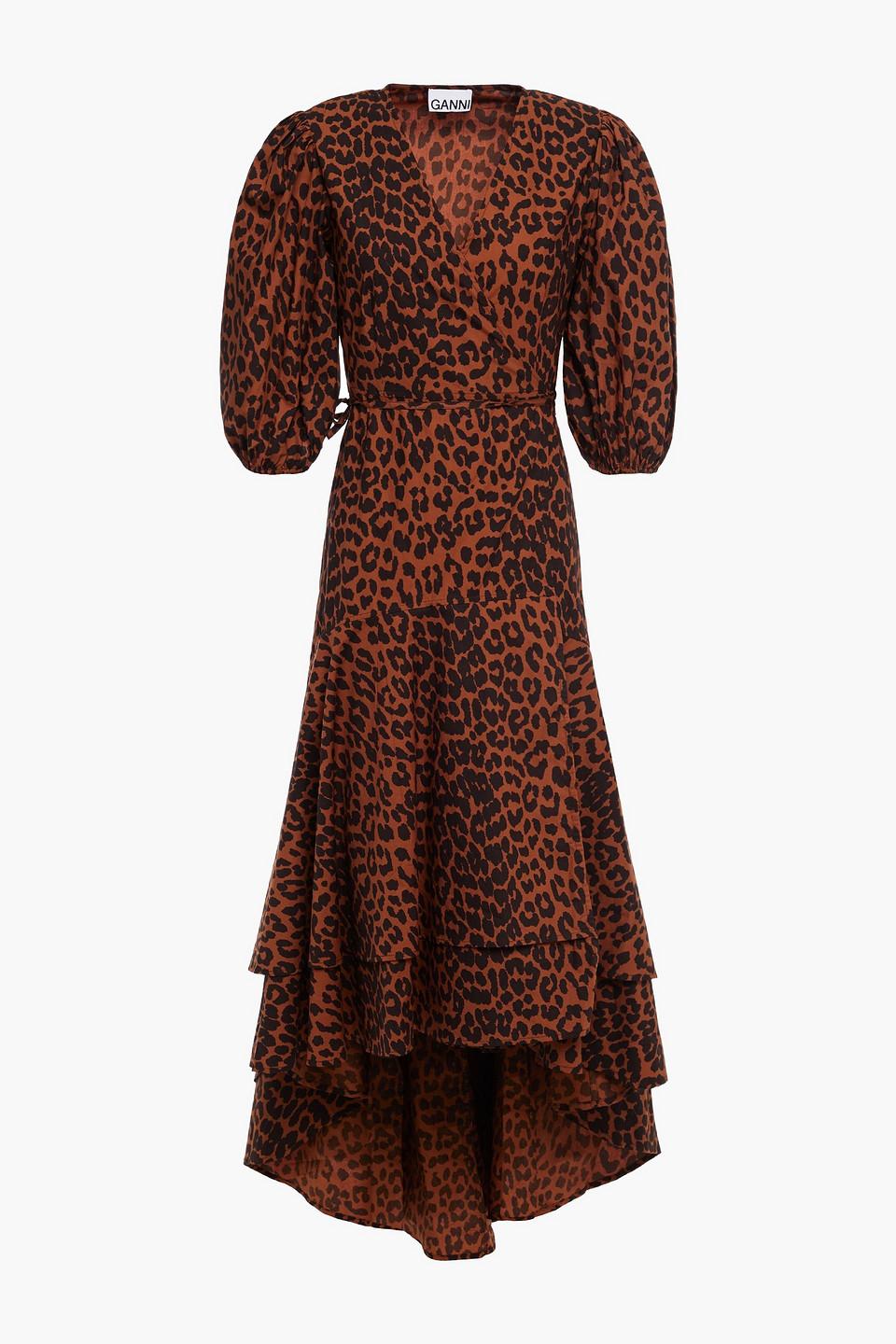 Ganni Leopard-print Organic Cotton-poplin Midi Wrap Dress in Brown | Lyst
