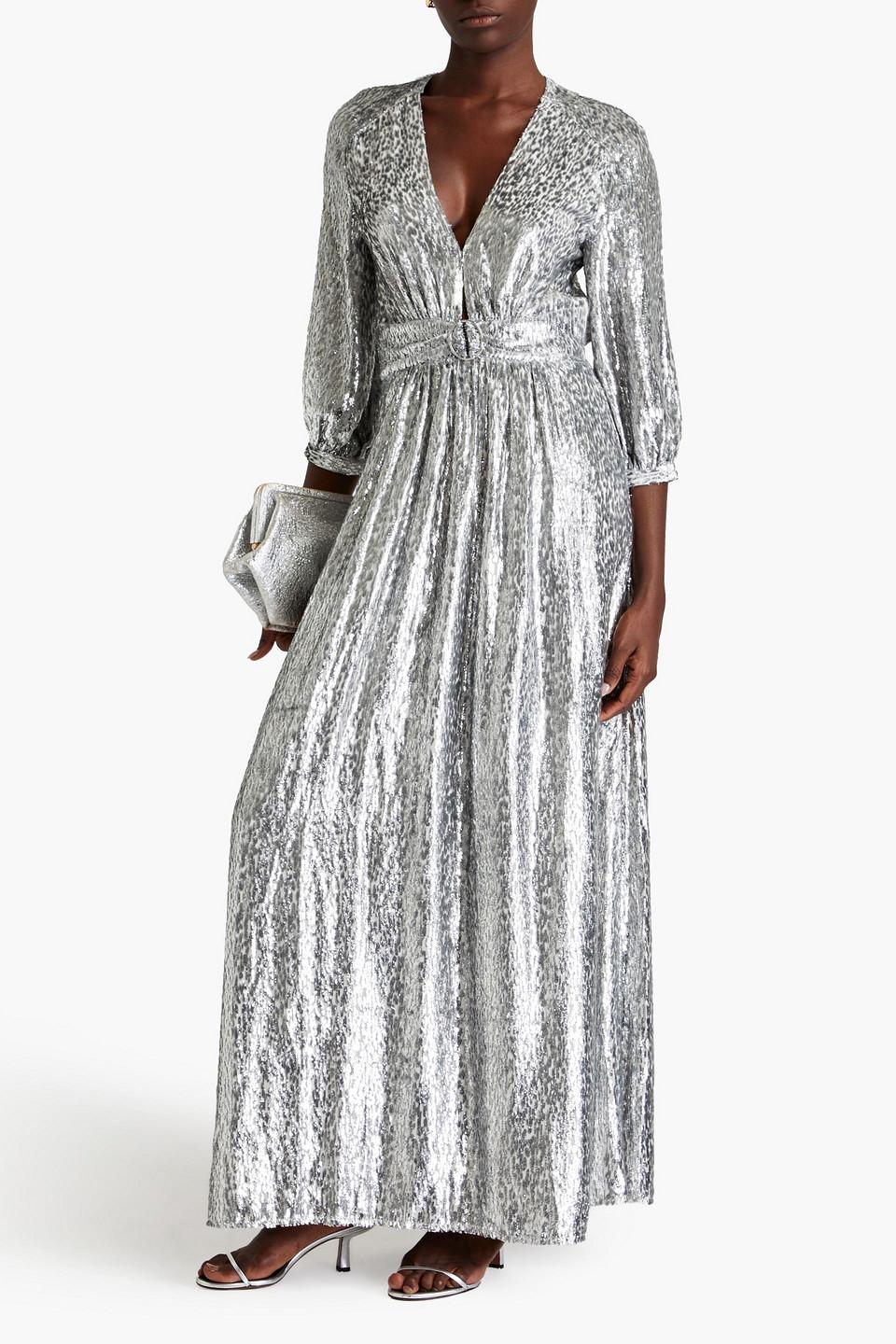 ba&sh silver dress Ba&sh Dara Open-back Ruched Fil Coupé Maxi Dress in Grey