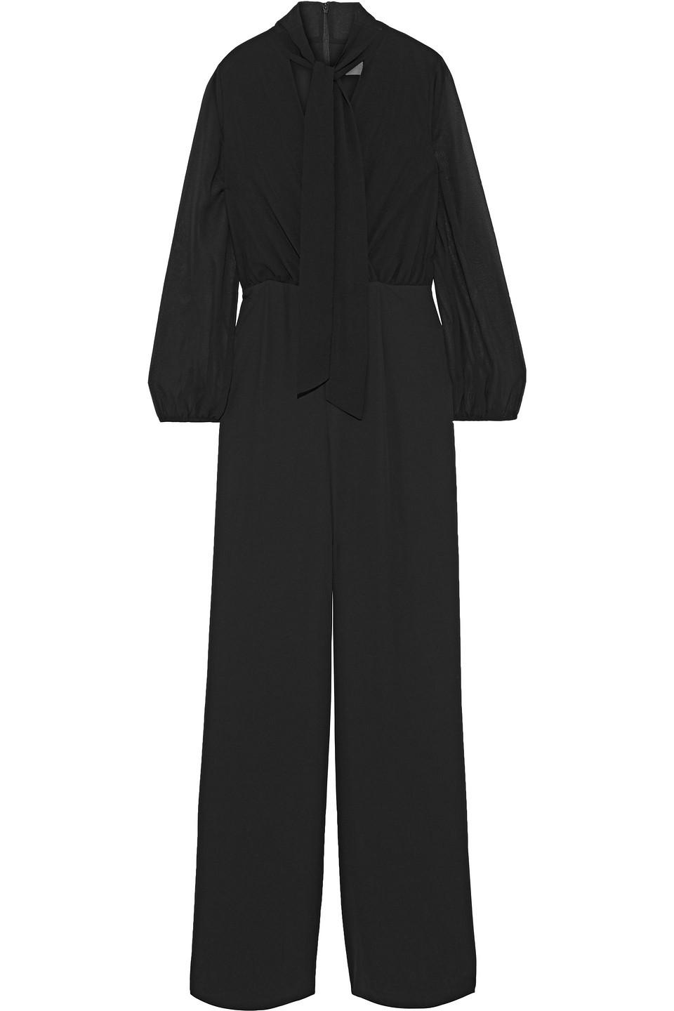 Mikael Aghal Tie-neck Chiffon-paneled Crepe Wide-leg Jumpsuit in Black -  Lyst