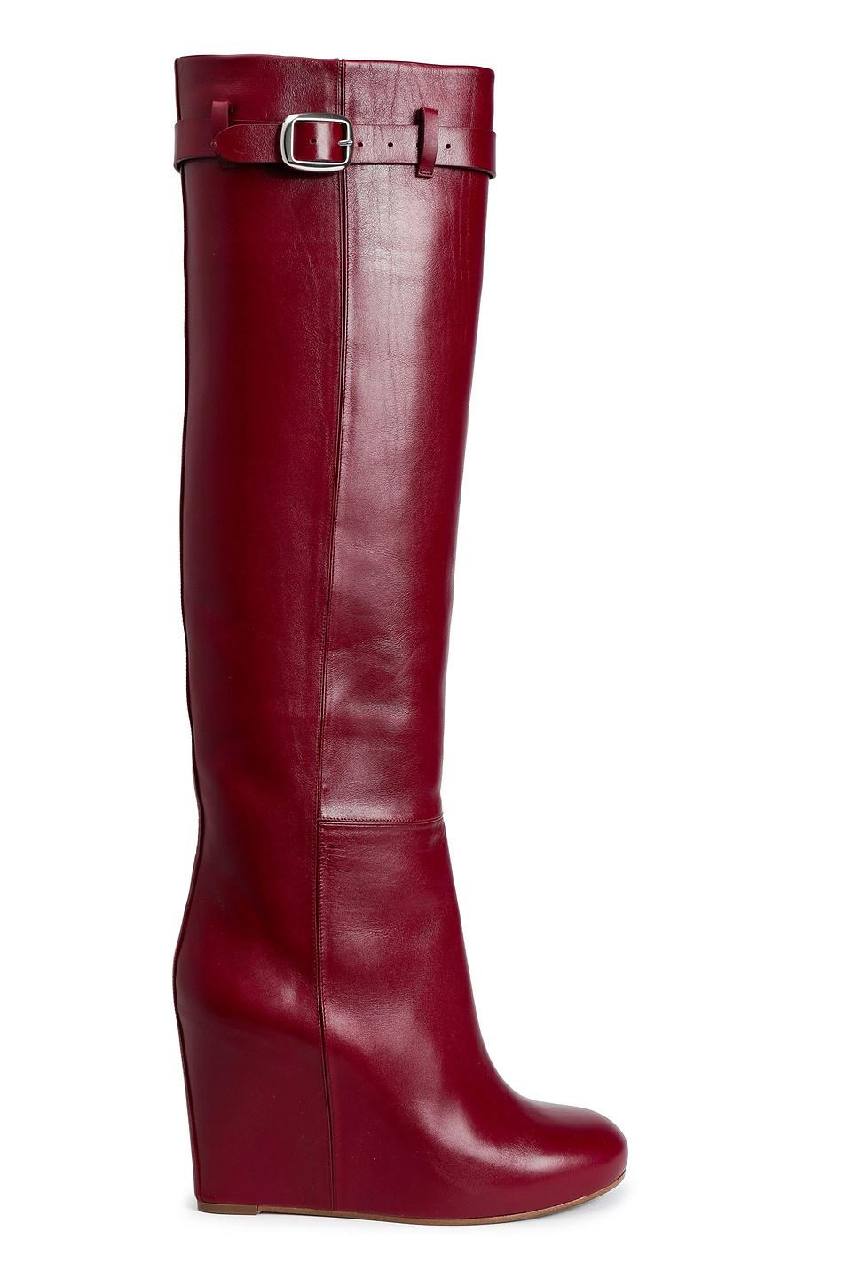 Victoria Beckham Buckled Leather Wedge Knee Boots in Claret (Red) - Lyst