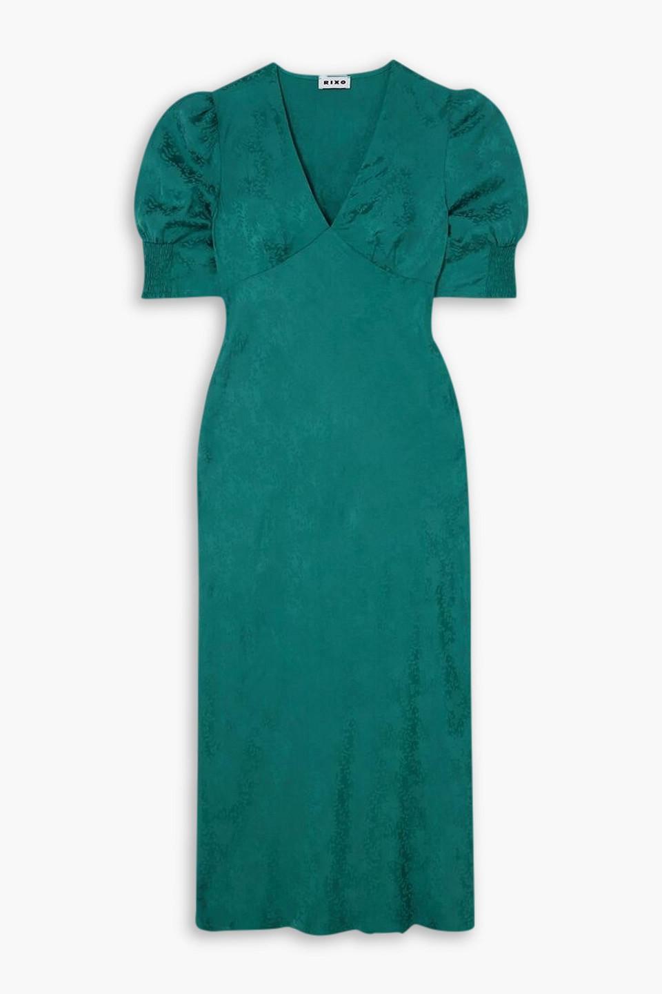 green emerald velvet dress Mac Duggal Women's Crepe Embellished Cap Sleeve Fitted Midi Dress - Green - Size 12