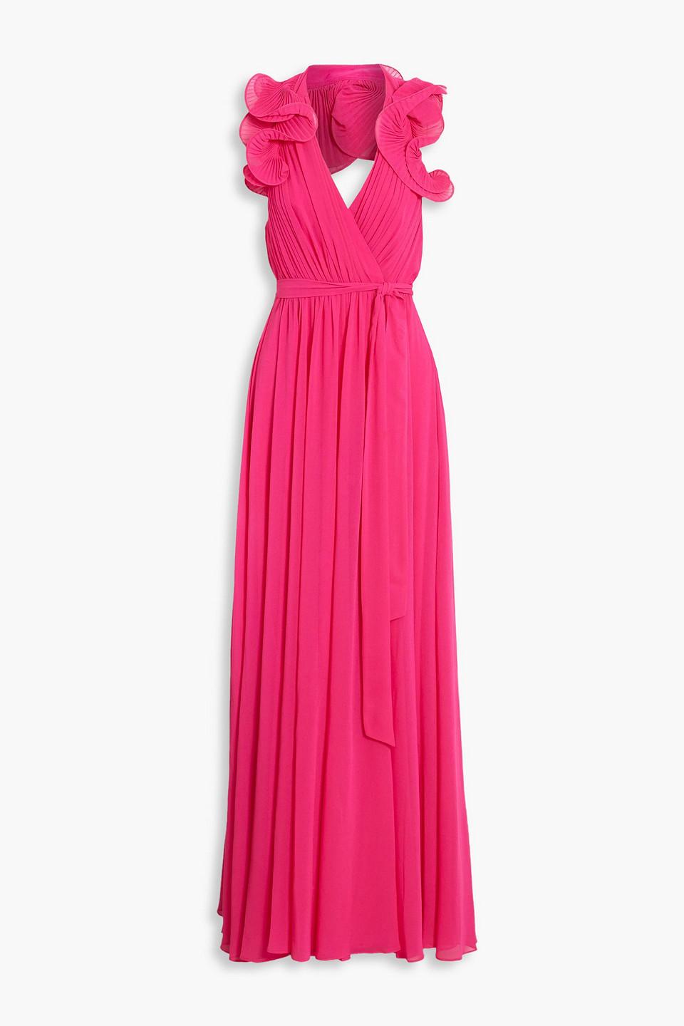 Badgley Mischka Pleated Chiffon Halterneck Maxi Dress in Pink