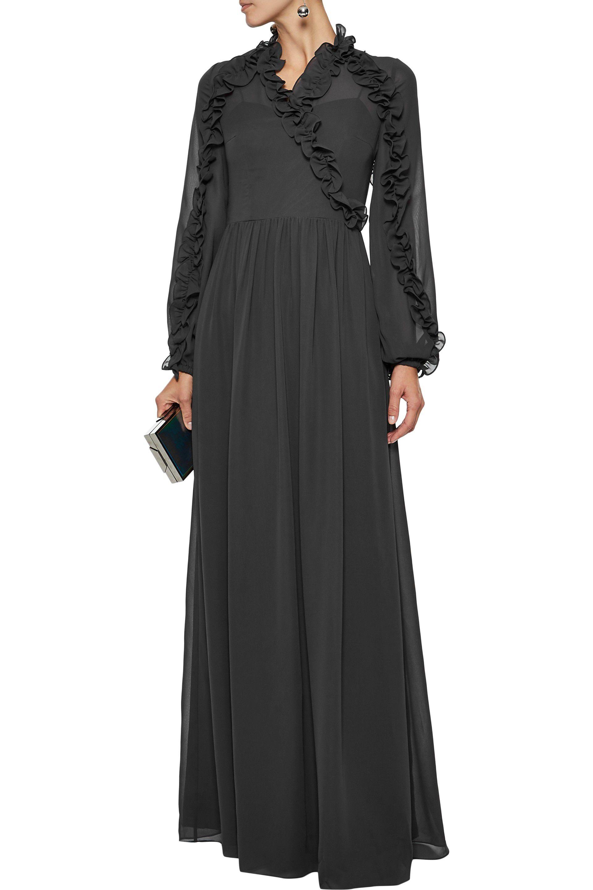 Mikael Aghal Wrap-effect Ruffle-trimmed Georgette Maxi Dress Charcoal ...