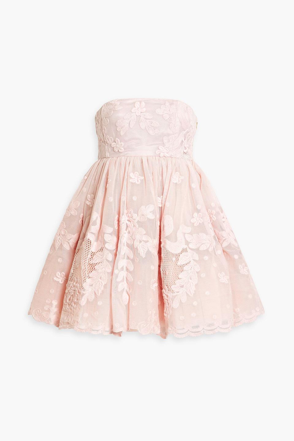 LoveShackFancy Jaylen Strapless Embroidered Cotton-blend Mesh Mini Dress in  Pink | Lyst