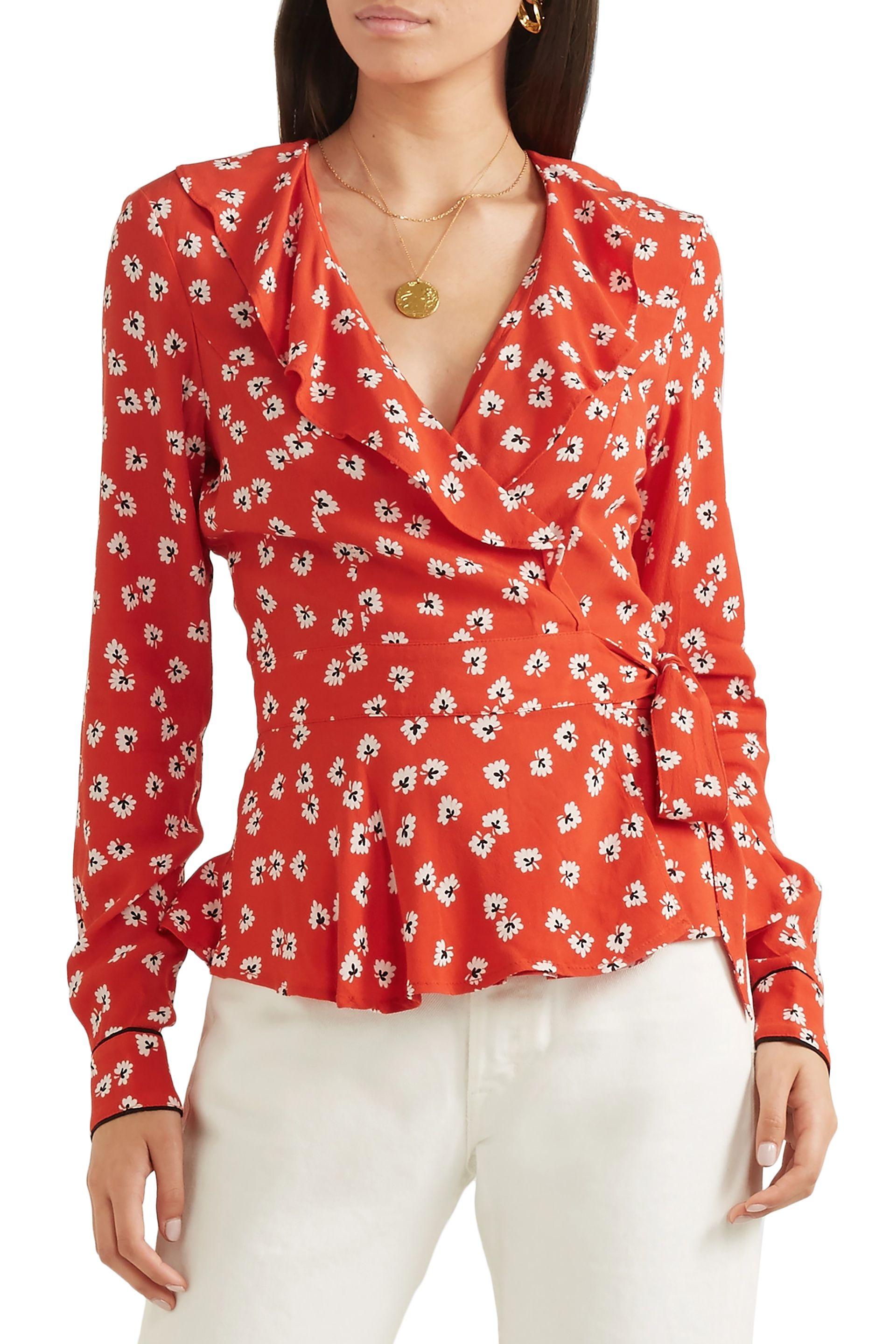 Ganni Silvery Ruffled Floral-print Crepe Wrap Top in Red | Lyst