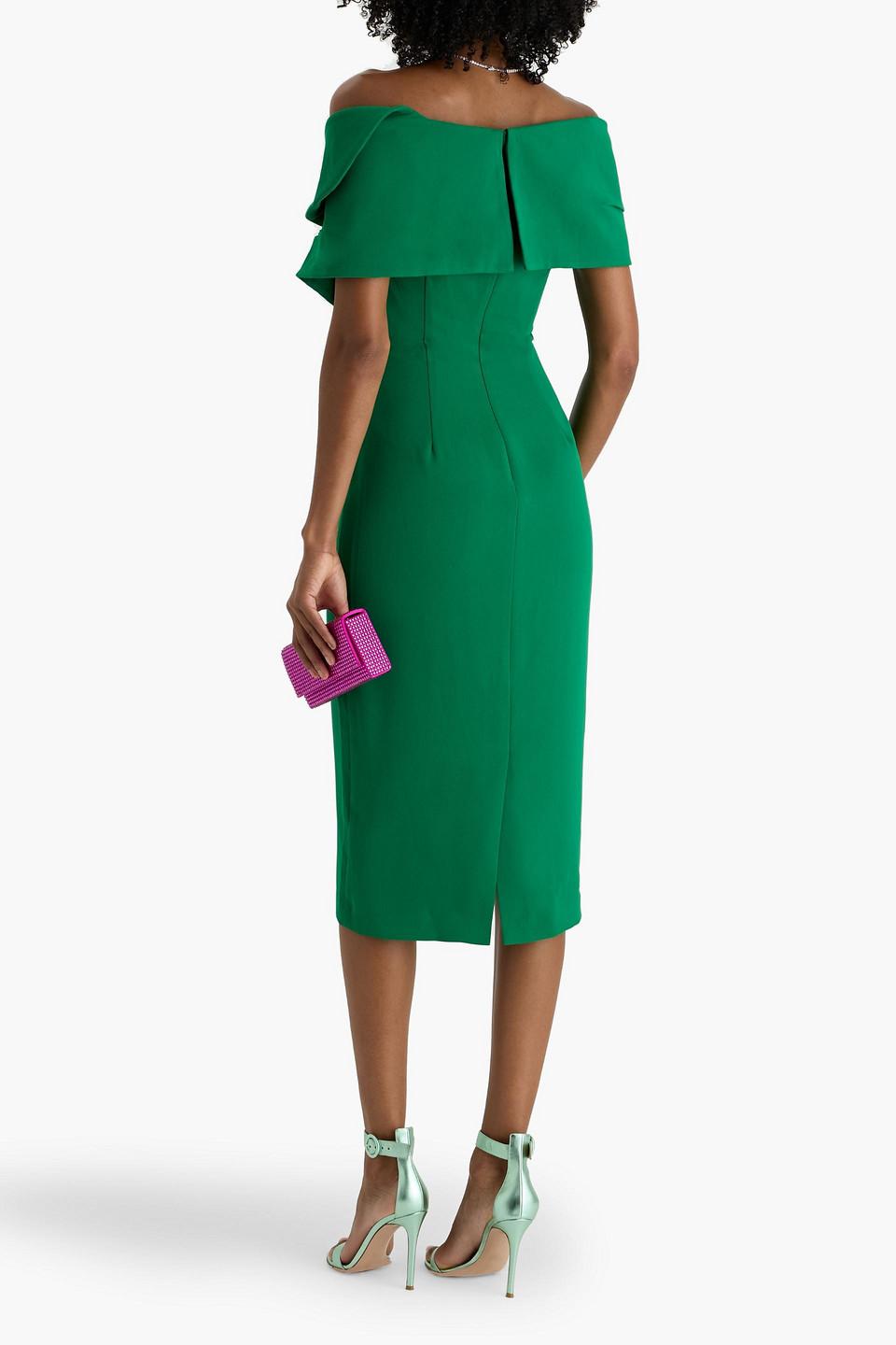 green off shoulder midi dress Goddiva Off Shoulder Back Satin Bow Wrap Crepe Midi Dress main image 1