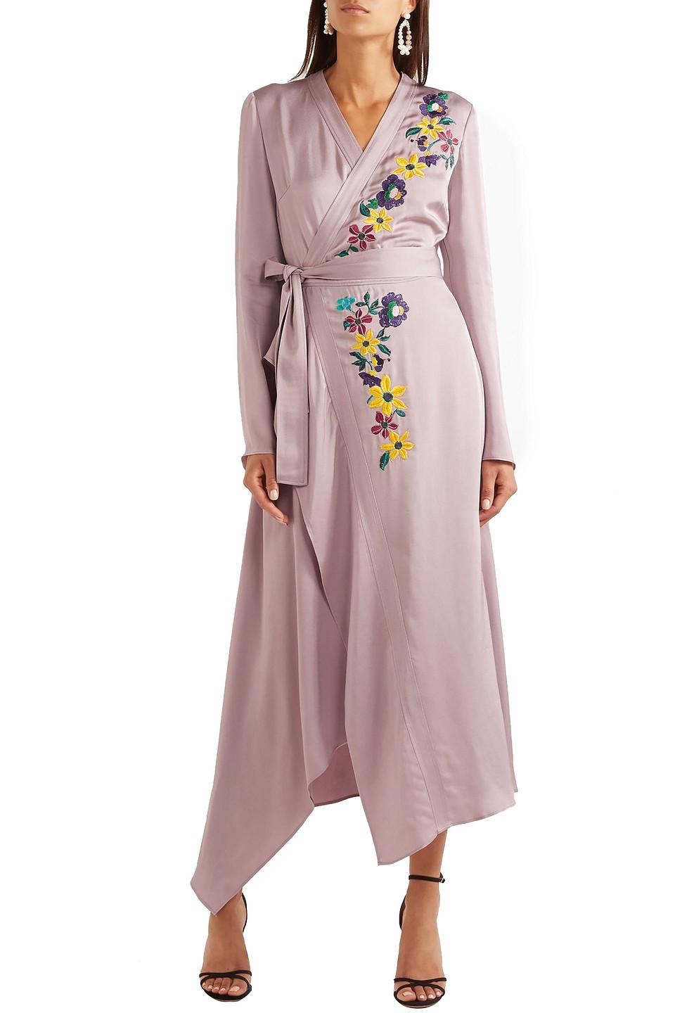 Etro Wrap-effect Embroidered Satin Midi Dress in Lilac (Purple) | Lyst