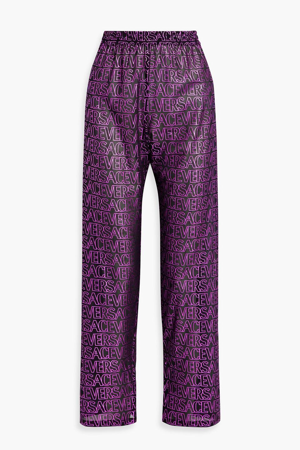 Versace Metallic Logo-print Crepe Pants in Purple | Lyst
