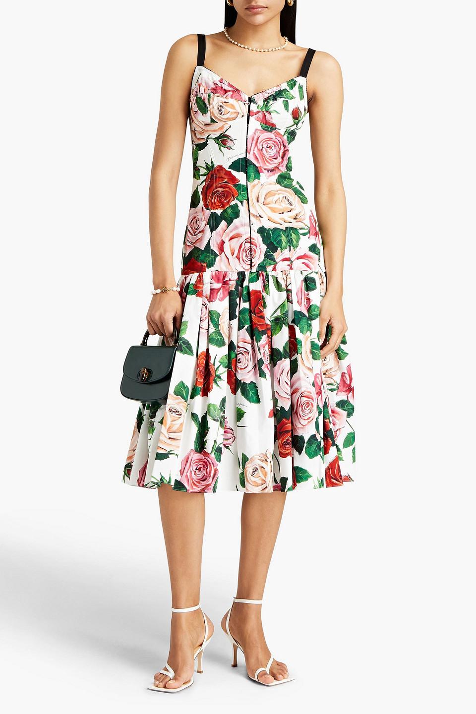 Dolce & Gabbana Pleated Floral-print Cotton-blend Midi Dress in White | Lyst