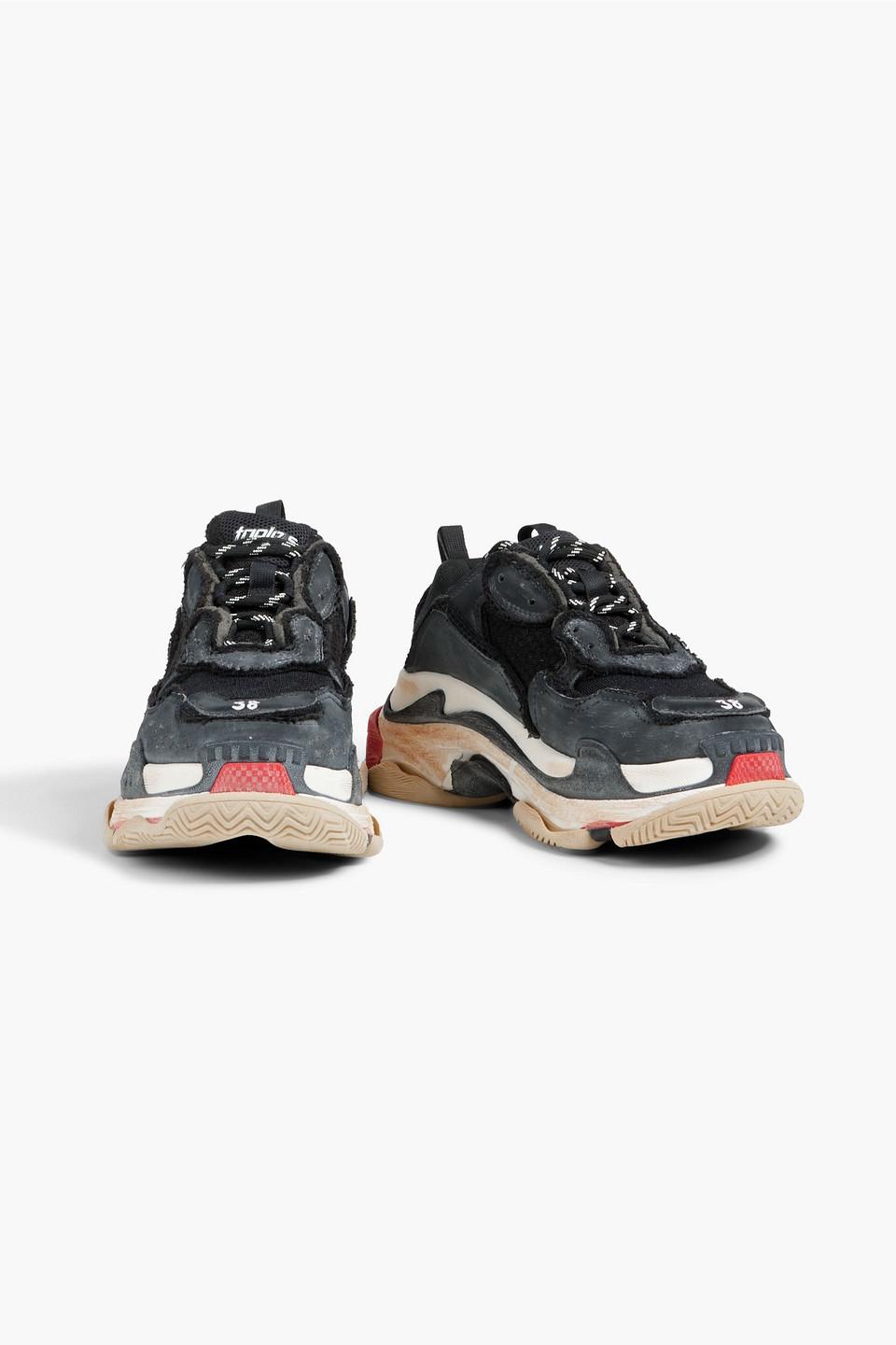timeren græs kristen Balenciaga Triple S Distressed Leather And Mesh Sneakers in Black | Lyst
