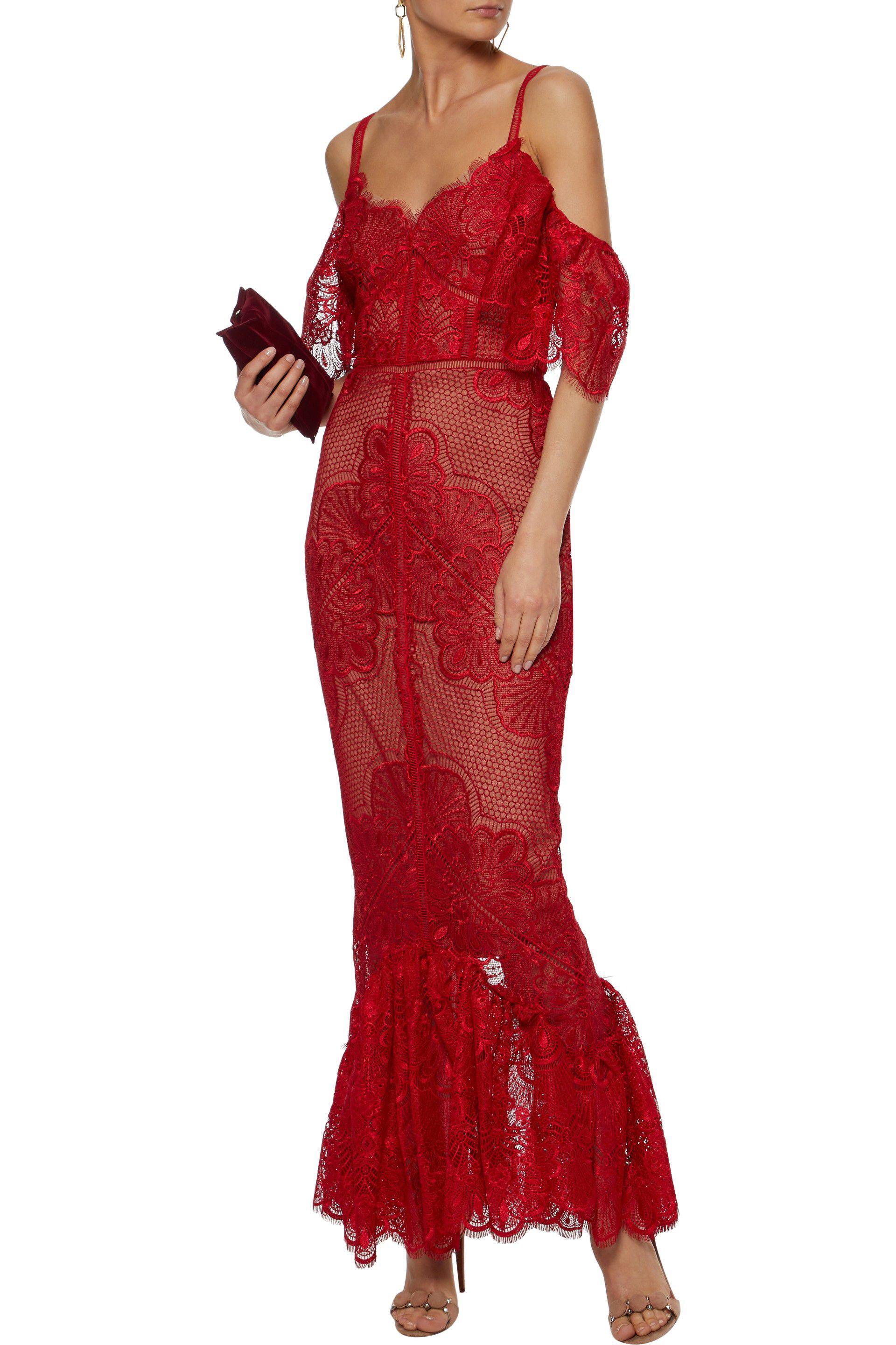 Cold-shoulder Fluted Lace Gown Crimson ...