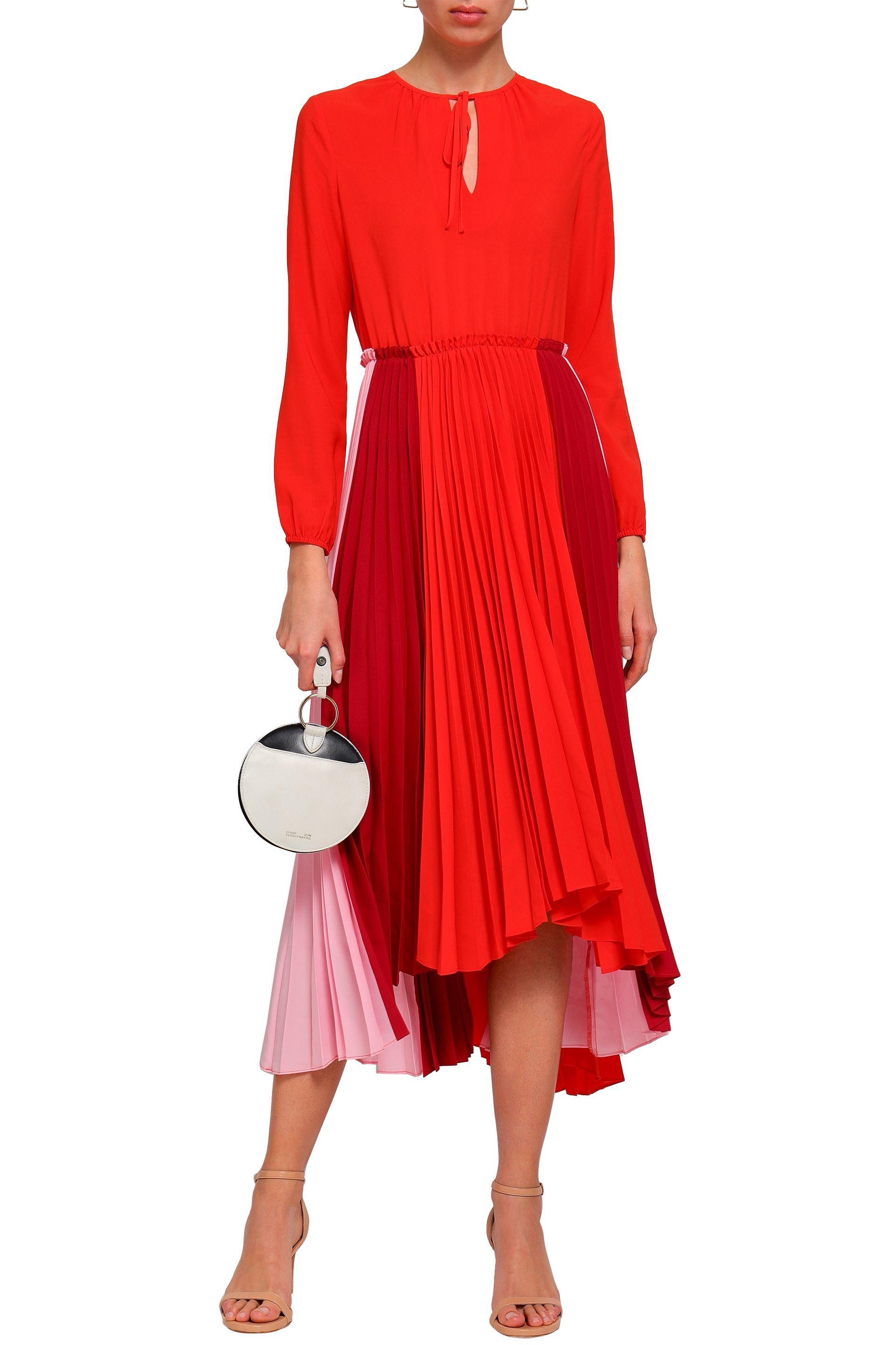 Maje Synthetic Reona Pleated Color-block Crepe De Chine Midi Dress Red -  Lyst