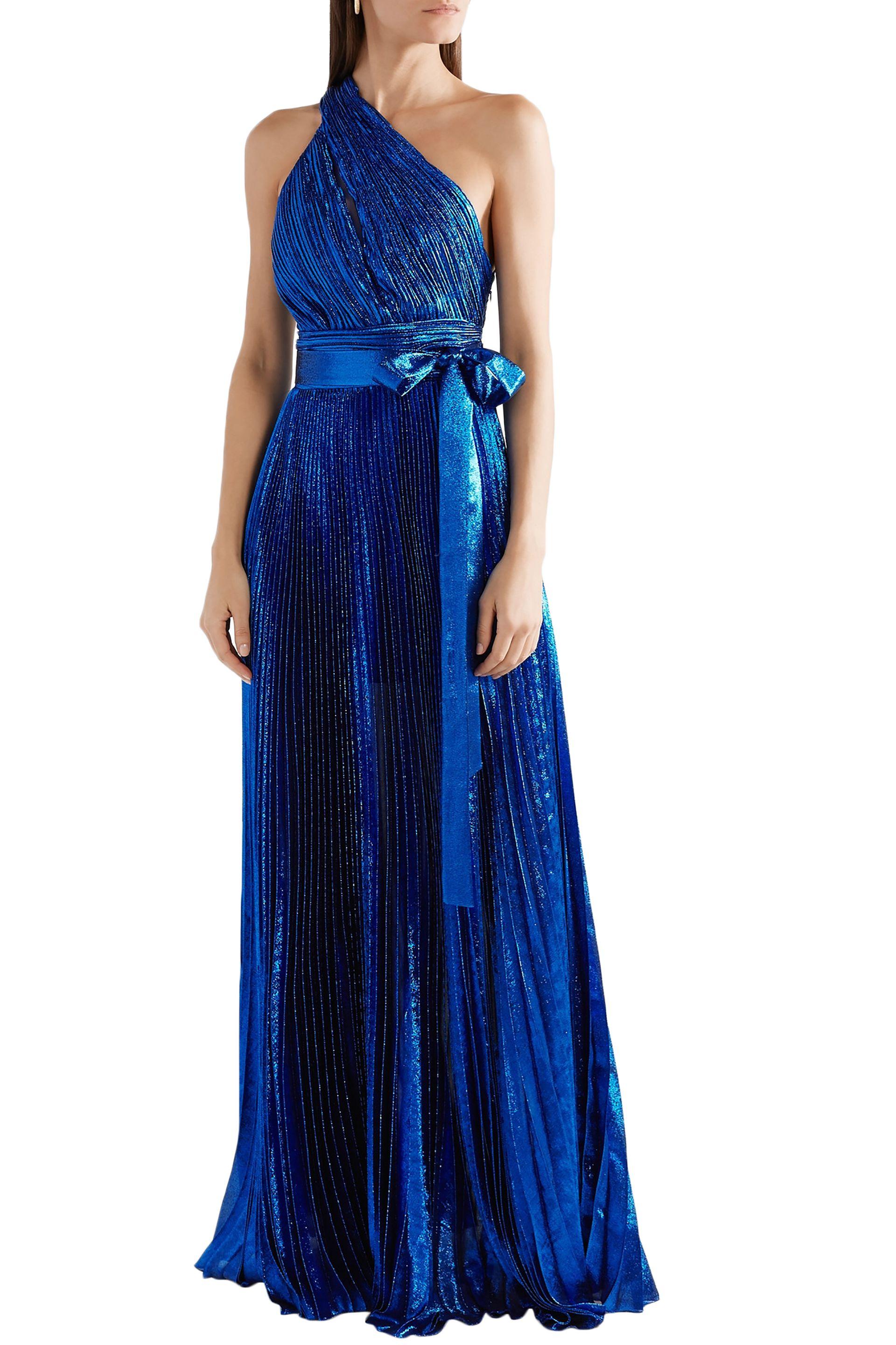 Elie Saab One-shoulder Plissé Silk-blend Lamé Gown Bright Blue - Lyst