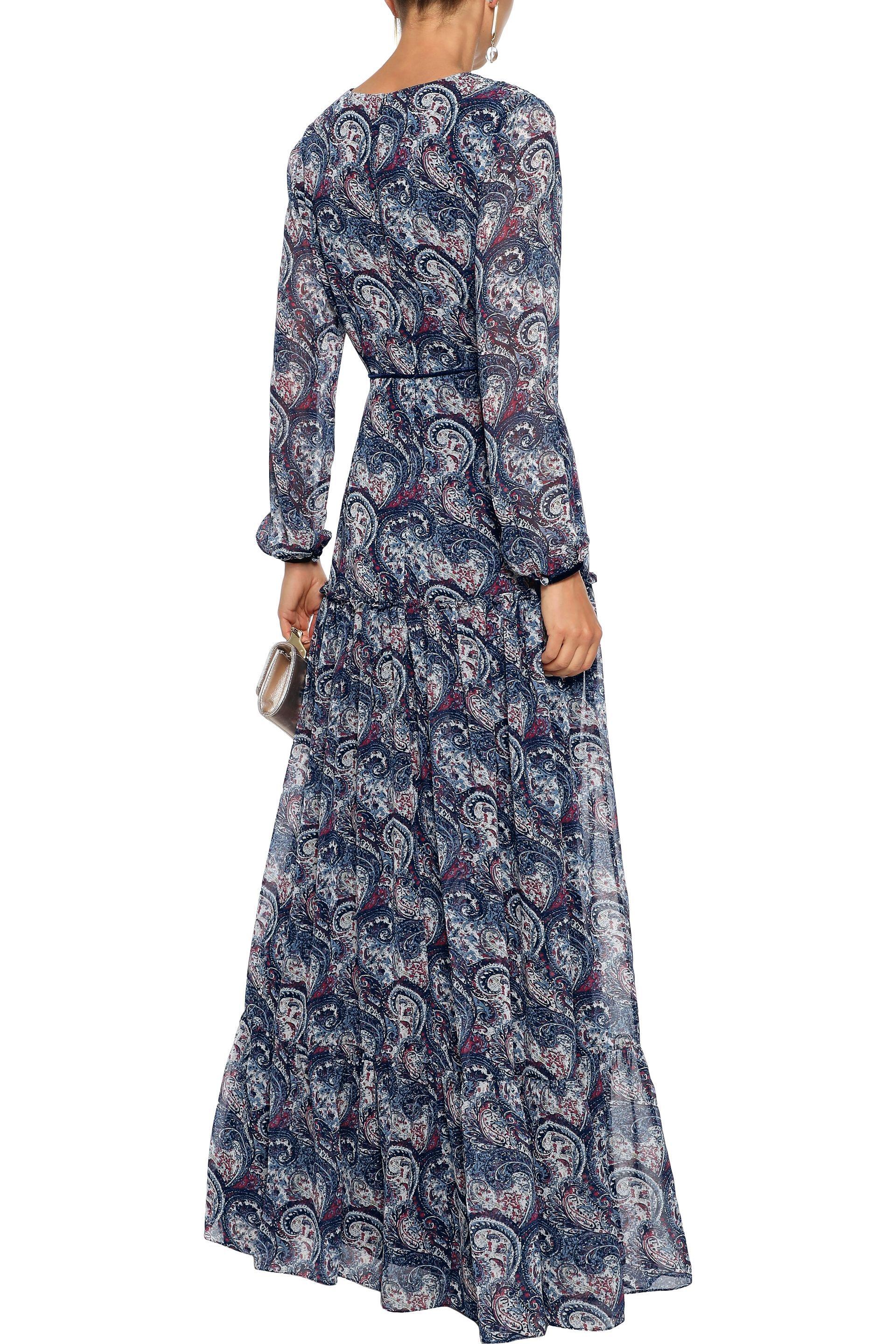 Mikael Aghal Velvet-trimmed Printed Chiffon Maxi Dress Navy in Blue - Lyst