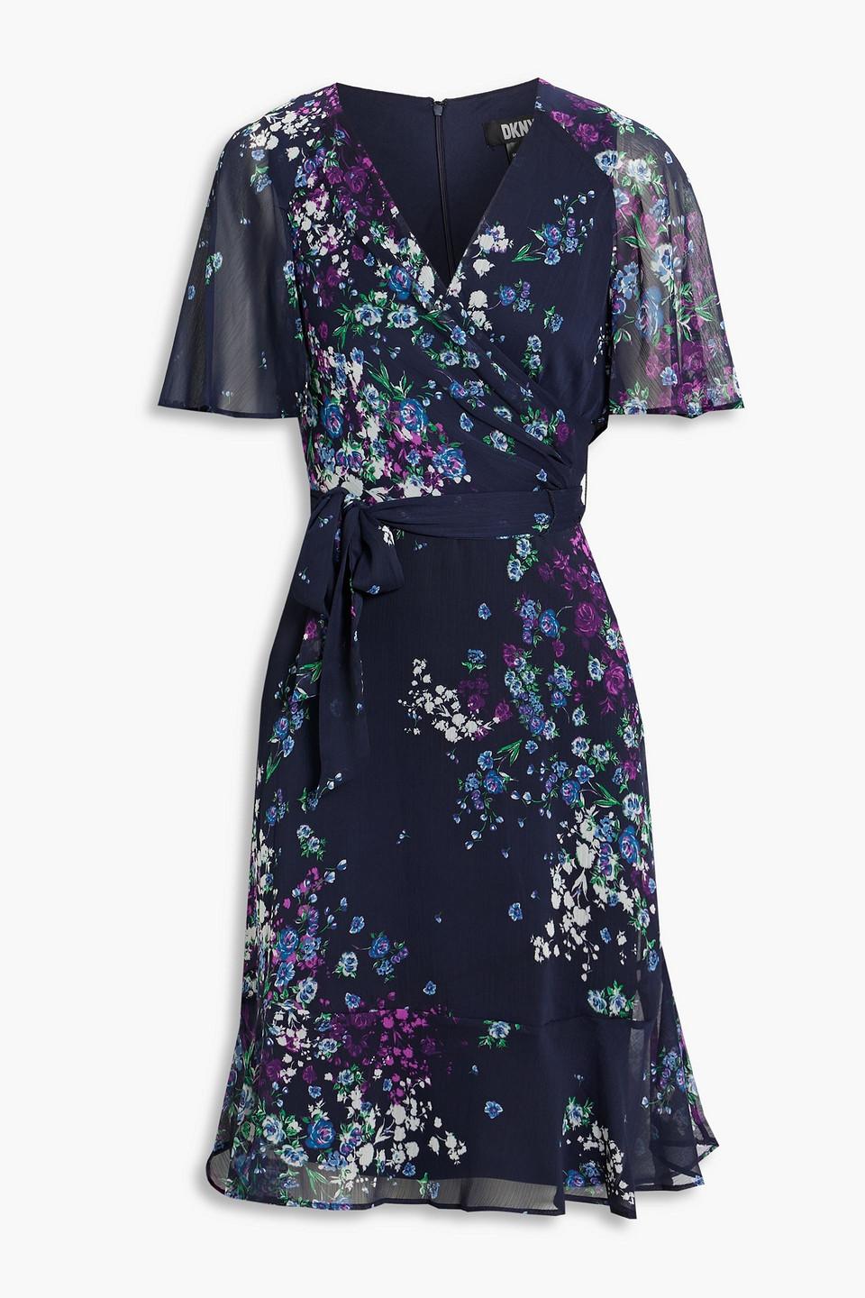 DKNY Wrap-effect Floral-print Georgette Mini Dress in Blue | Lyst