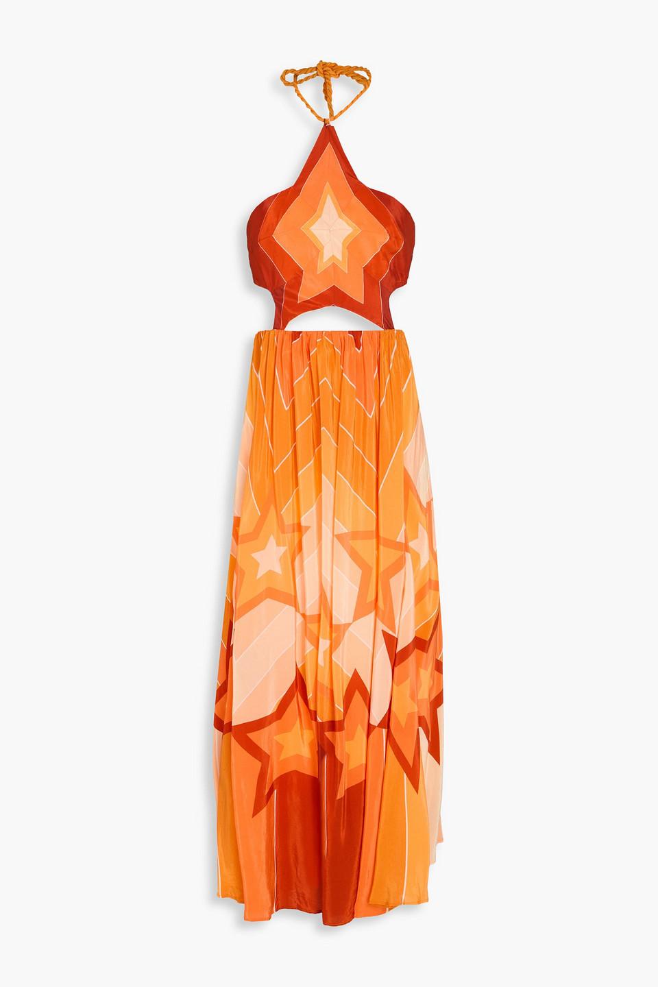 FARM Rio Cutout Printed Satin-crepe Halterneck Midi Dress in Orange | Lyst  Canada