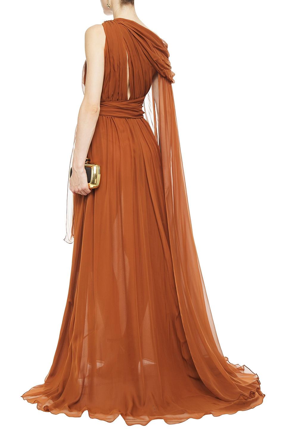 Dundas Draped Cutout Silk-voile Gown in Brown | Lyst Australia Dundas Draped Cutout Silk-voile Gown in Brown | Lyst Australia