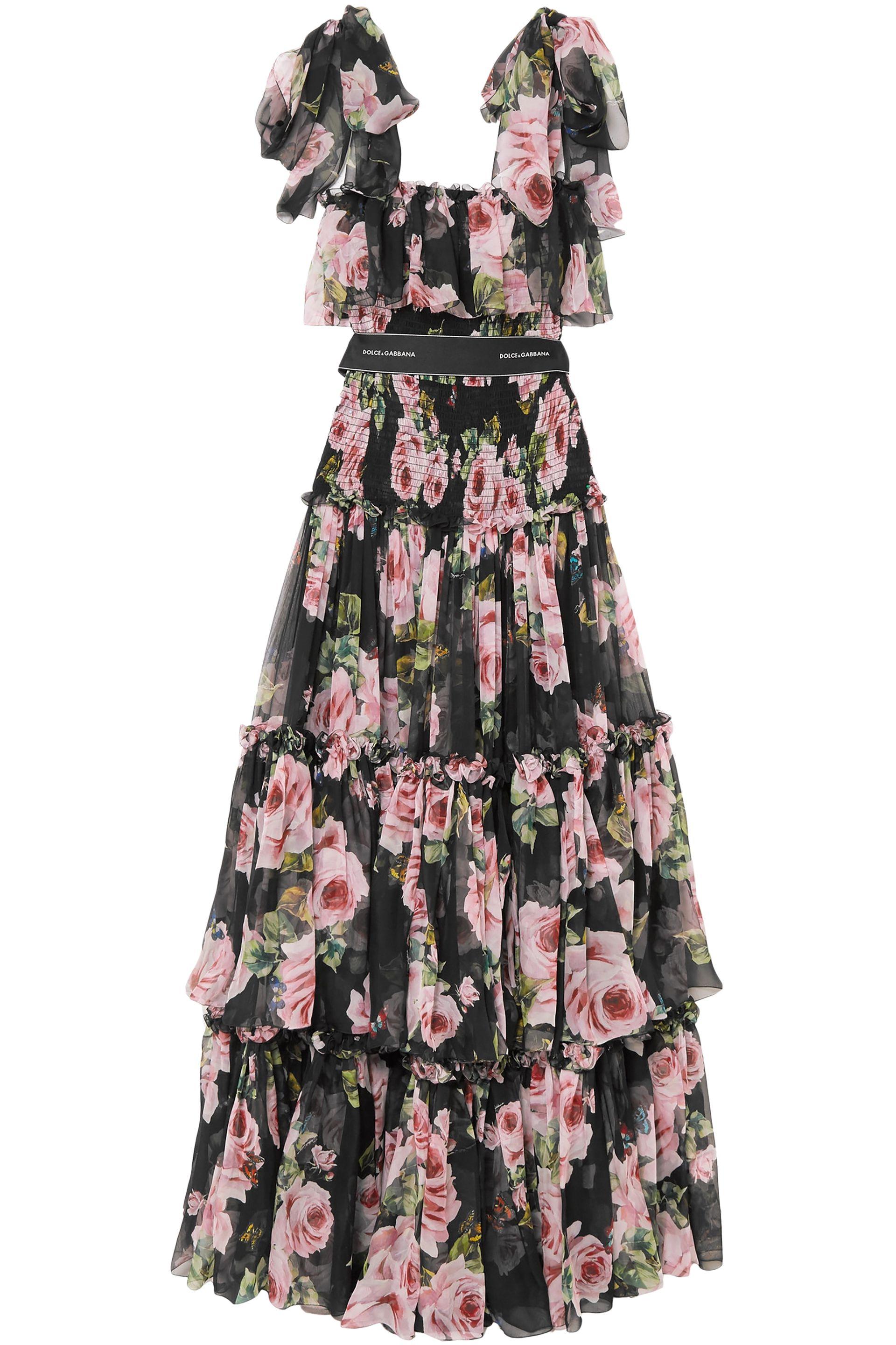 Dolce & Gabbana Shirred Floral-print Silk-chiffon Gown Black | Lyst