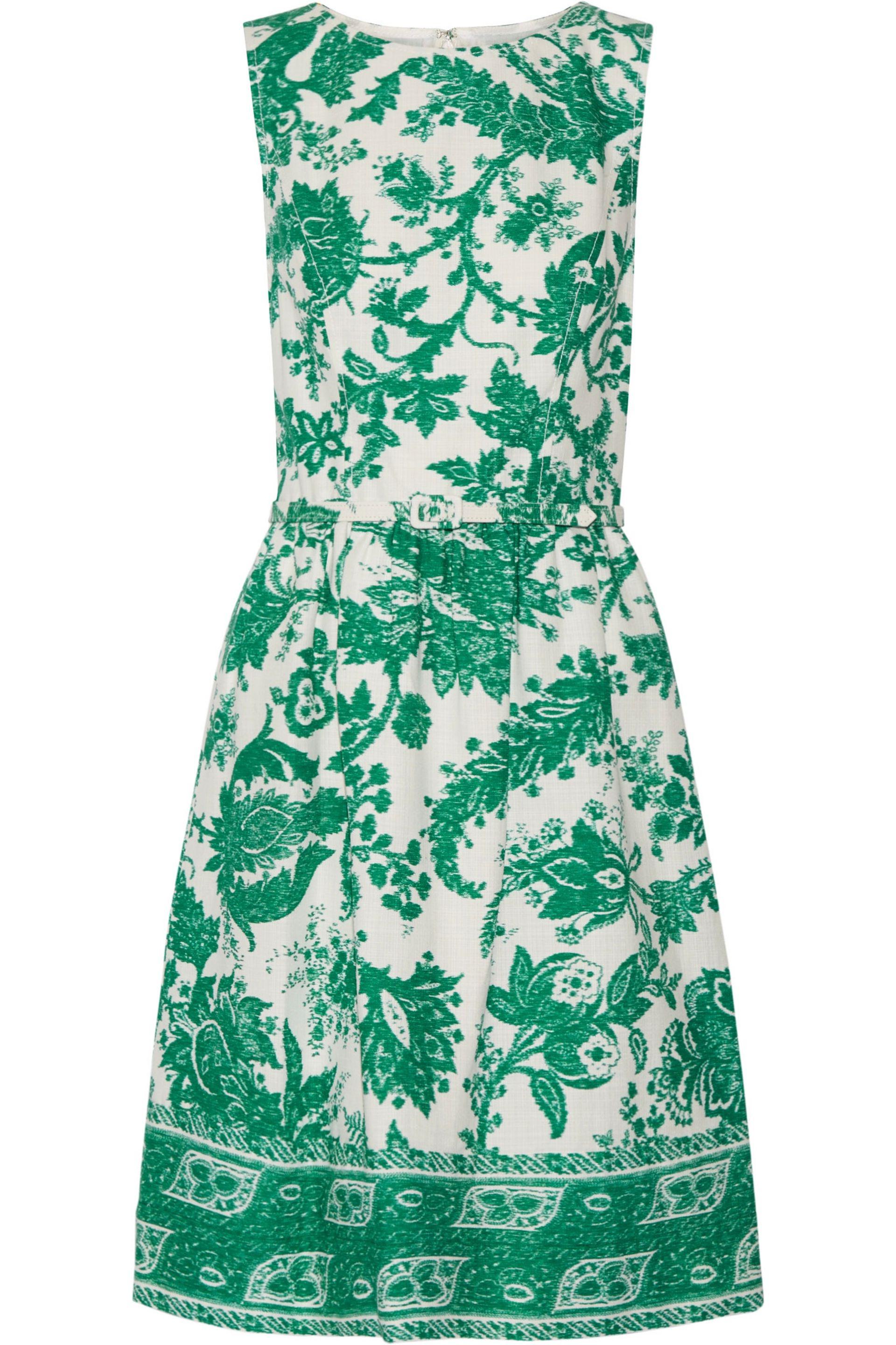 Oscar de la Renta Belted Printed Stretchcotton Canvas Dress in Green
