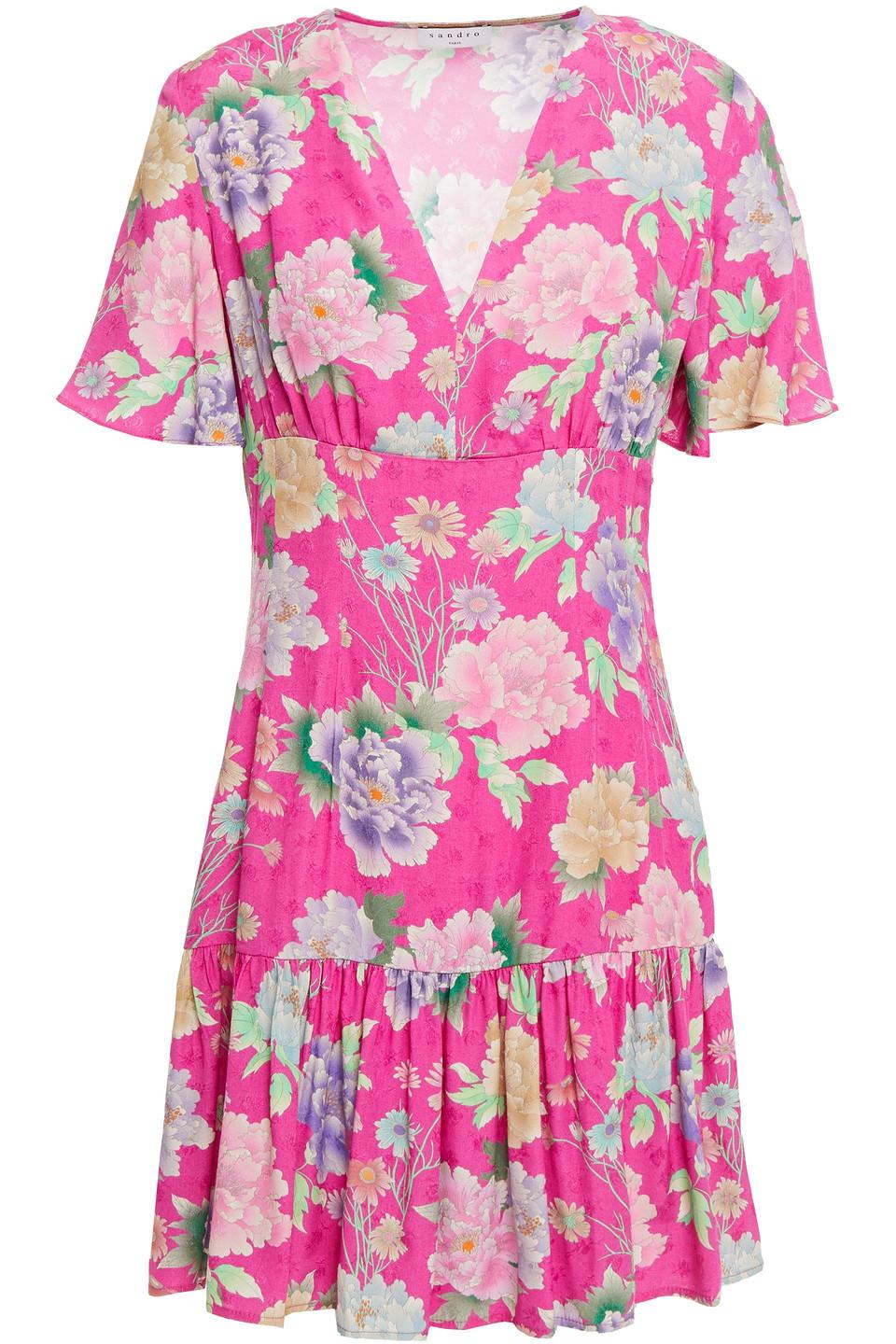Sandro Synthetic Gathered Floral-jacquard Mini Dress in Bright Pink 
