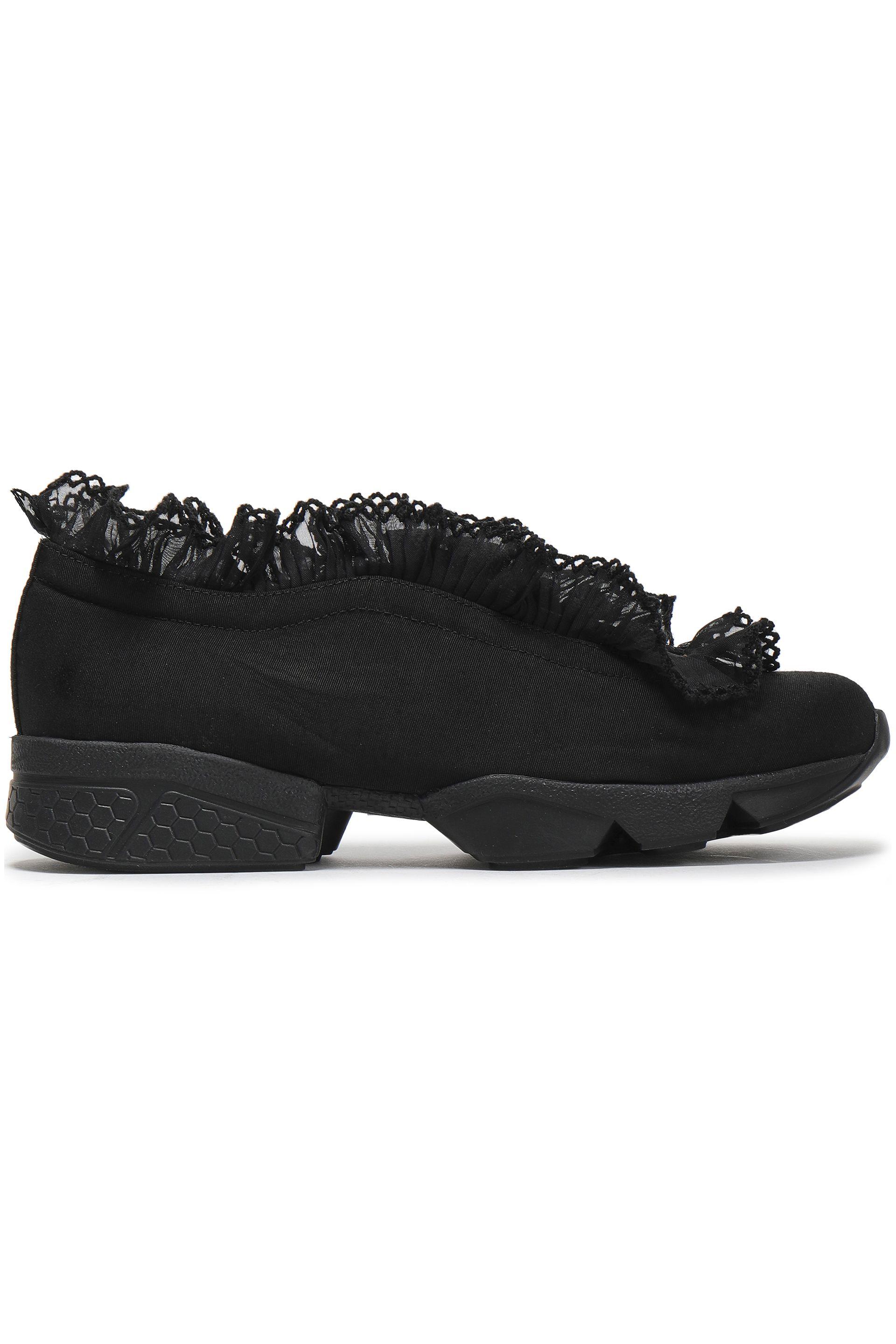 Ganni Leather Harriet Ruffle-trimmed Satin-faille Sneakers in Black - Lyst