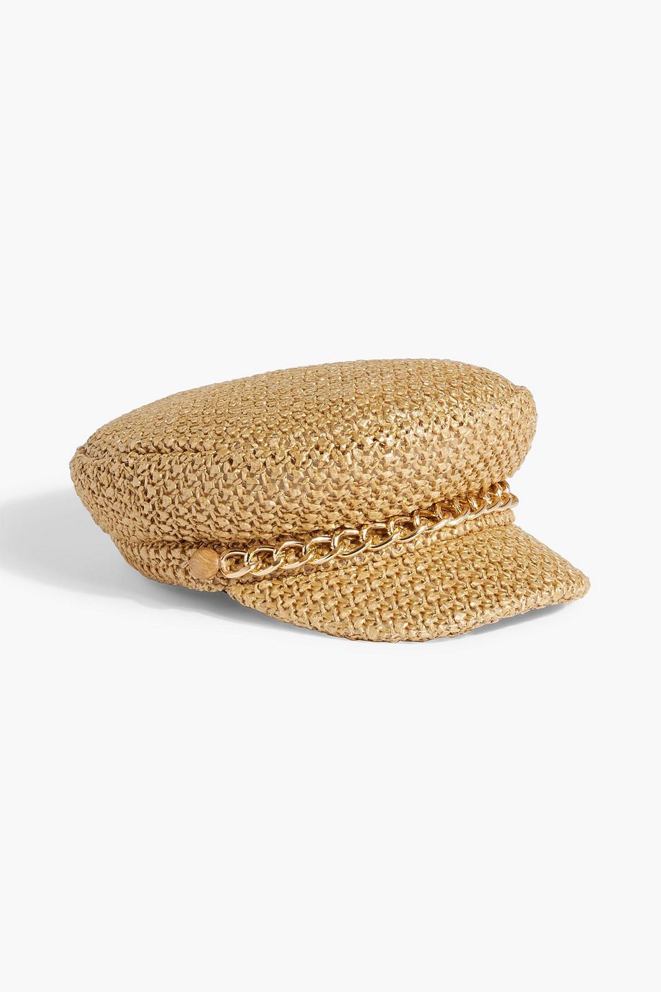 Eugenia Kim Marina Chain-embellished Metallic Faux Raffia Cap in Natural |  Lyst