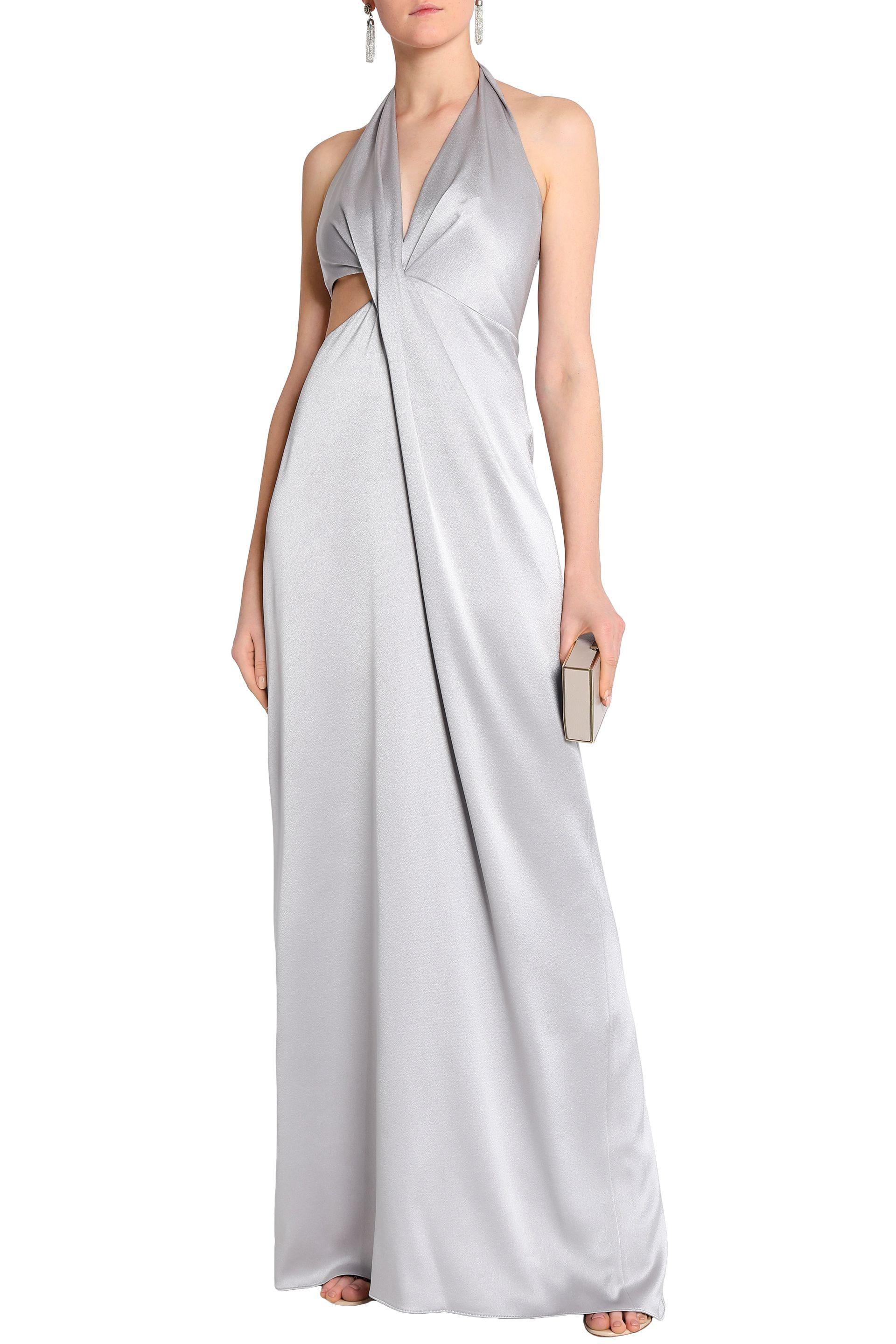 Halston Woman Cutout Metallic Washedsatin Halterneck Gown Silver Lyst
