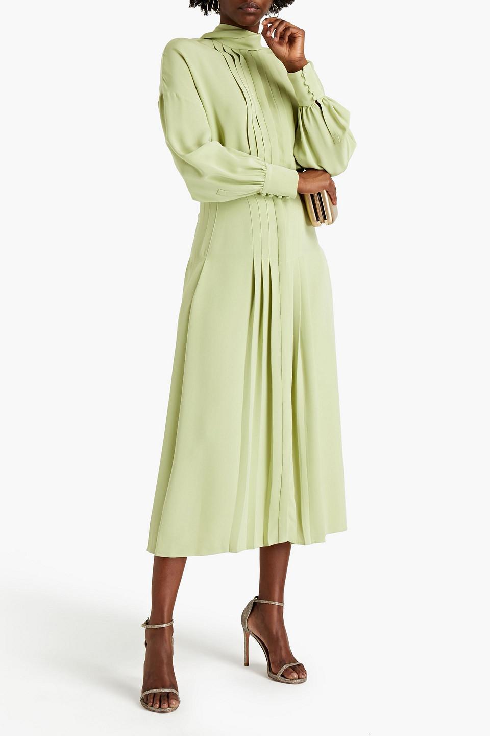 Valentino Pussy-bow Pintucked Silk-satin Crepe Midi Dress in Green | Lyst