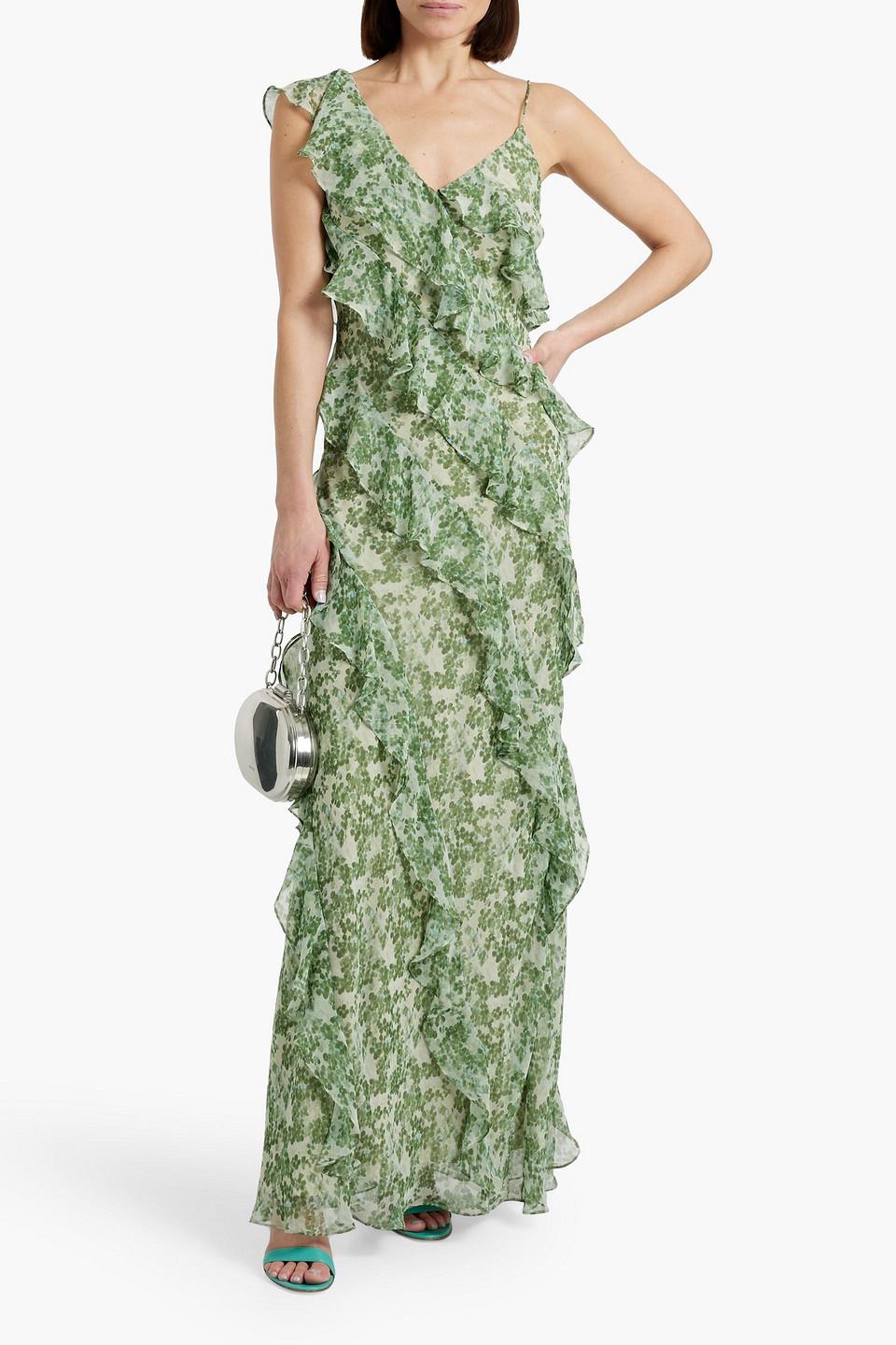 Mikael Aghal Ruffled Floral-Print Chiffon Gown in Green | Lyst