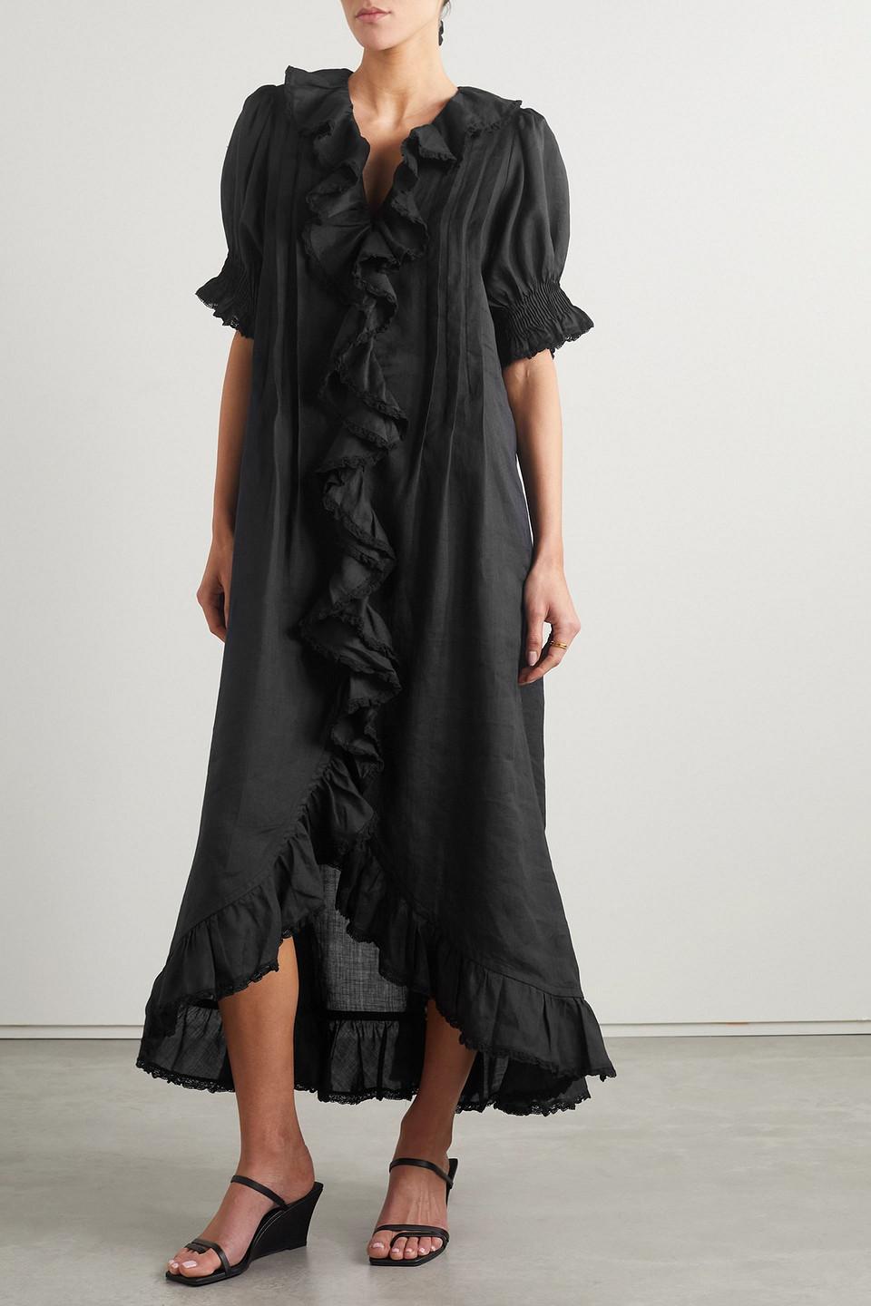 Doen Nanou Belted Ruffled Ramie Midi Dress in Black | Lyst Australia Doen Nanou Belted Ruffled Ramie Midi Dress in Black | Lyst Australia