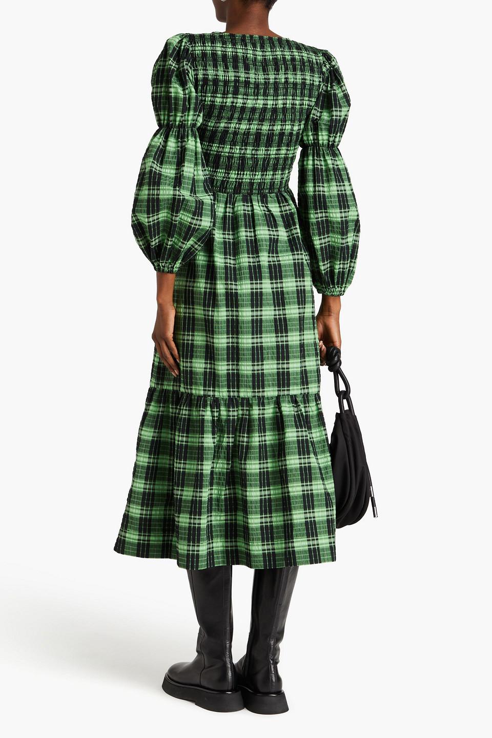 chinese dress ladies Ganni Seersucker Check Smock Maxi Dress
