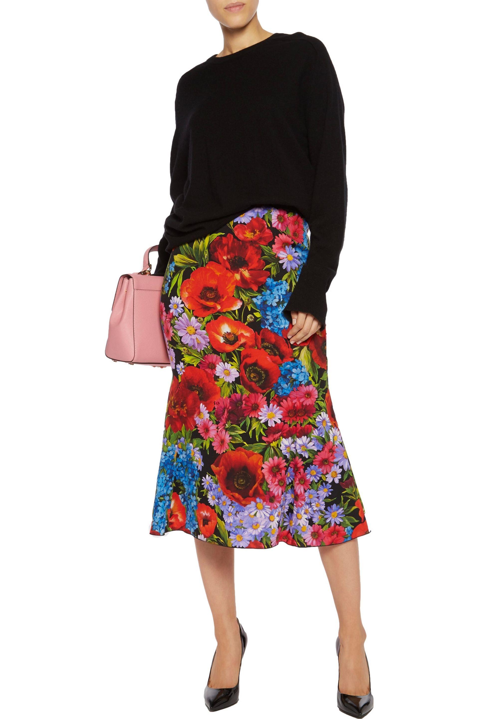 Dolce & Gabbana Fluted Floral-print Stretch-silk Midi Skirt Red - Lyst