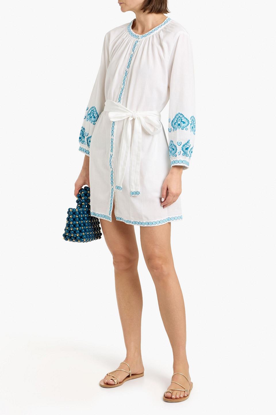 Melissa Odabash Tania Embroidered Cotton And Linen-Blend Mini Dress in Blue  | Lyst
